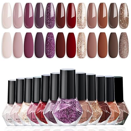 modelones Nail Polish Set 12 Colors Burgundy Red New Year 2025 Nail Polish Set Champagne Gold Glitter Dark Red Purple Shimmer Brown Nail Valentines’s Gifts for Women Girl DIY Salon Home