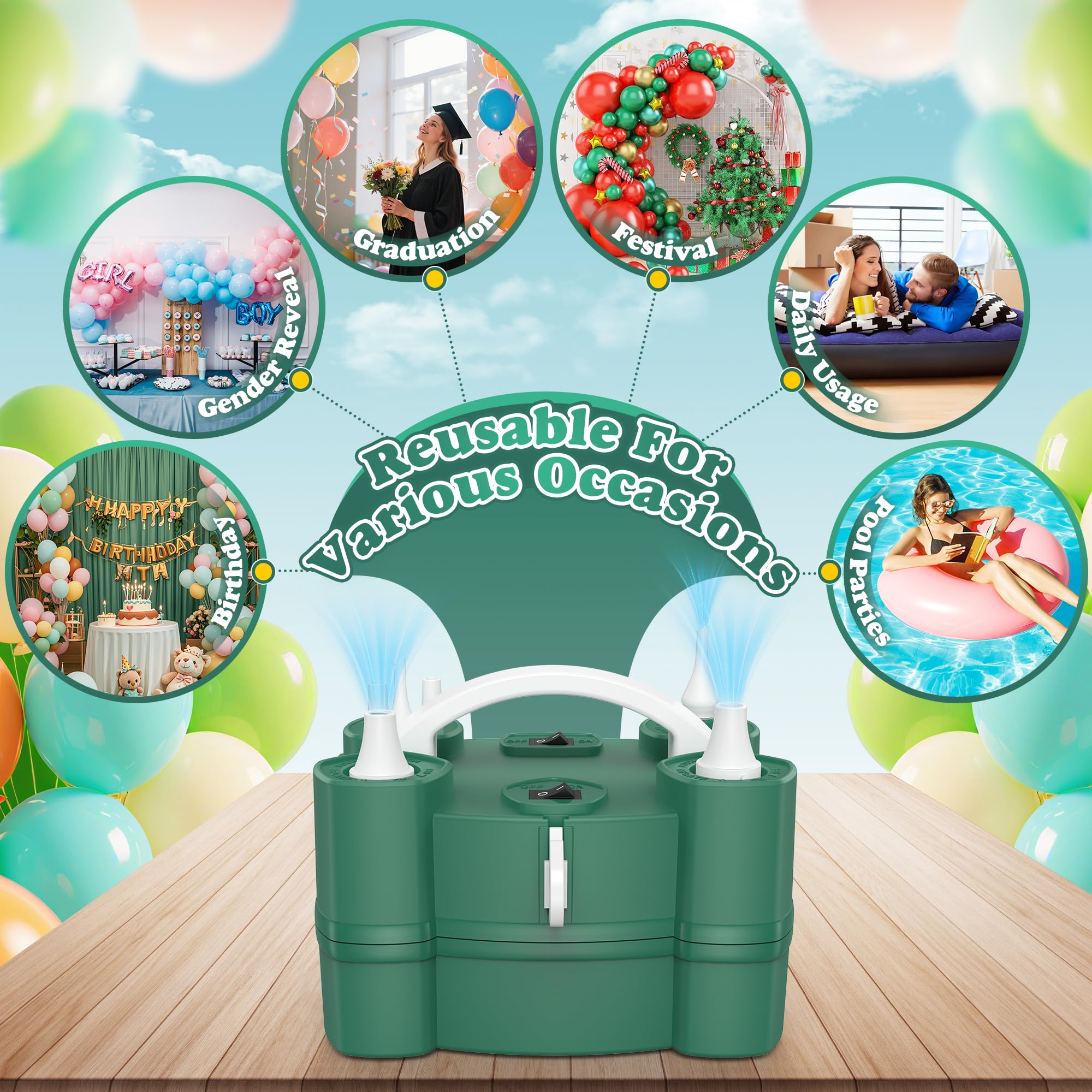 LooLaa Ballonpumpe 4 in 1 Elektrische Ballonpumpe mit dreifachen Aufblasanschlüssen für alle Ballons Luftfüllmaschine für Sportbälle Inflator Deflator für aufblasbare Gegenstände (Kordelzugbeutel