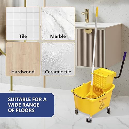 Miniatura 4 de Combo de cubo de fregona y escurridor de prensa lateral de 35 cuartos de galón en ruedas, color amarillo, para limpieza de suelostrapeador húmedo,