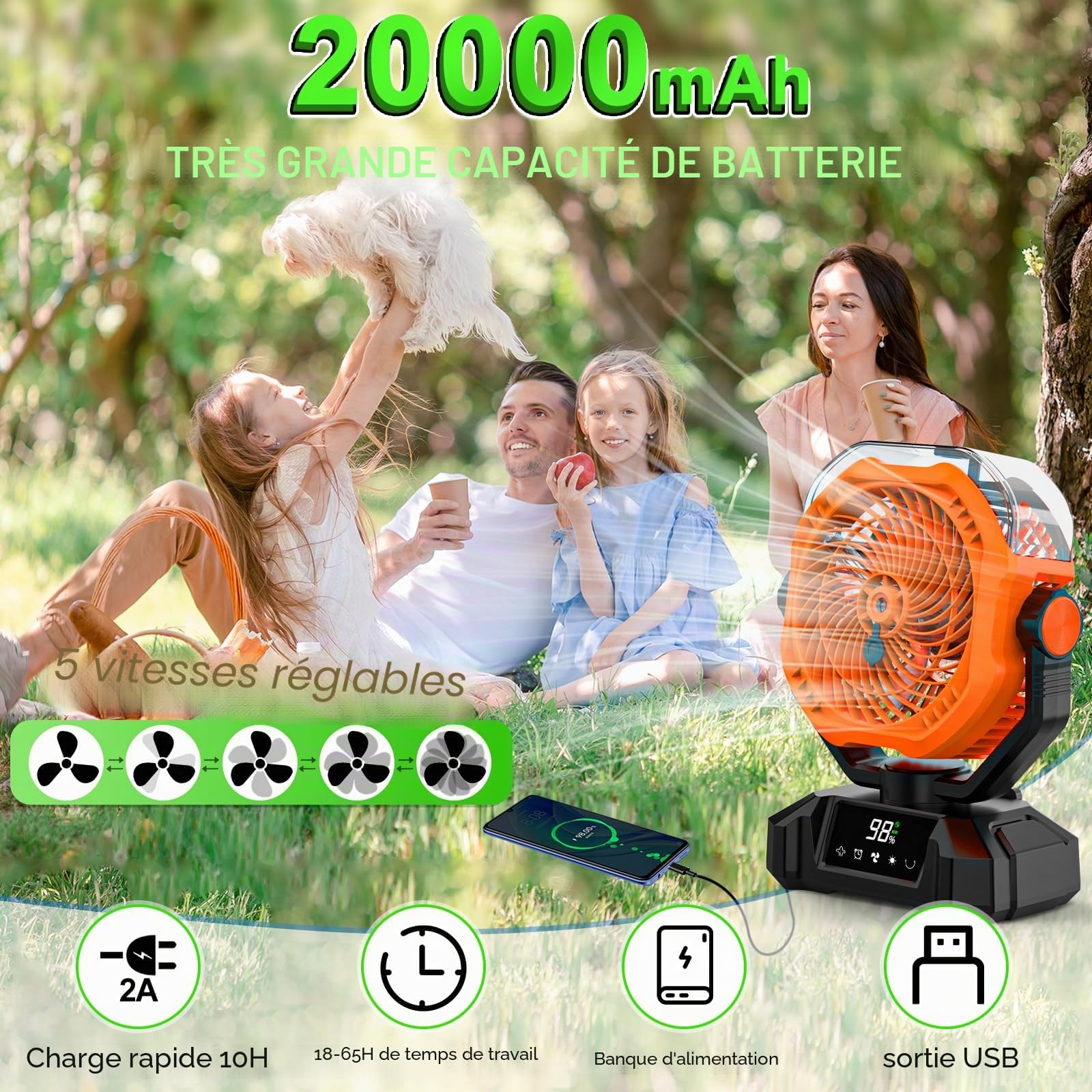 Multper 20000mAh Ventilateur Brumisateur Portable, Ventilateur Portable Rechargeable avec Réservoir d'Eau 360ML, LED, Télécommande, 5 Vitesses, Ventilateur USB Silencieux pour Camping, Bureau, Maison