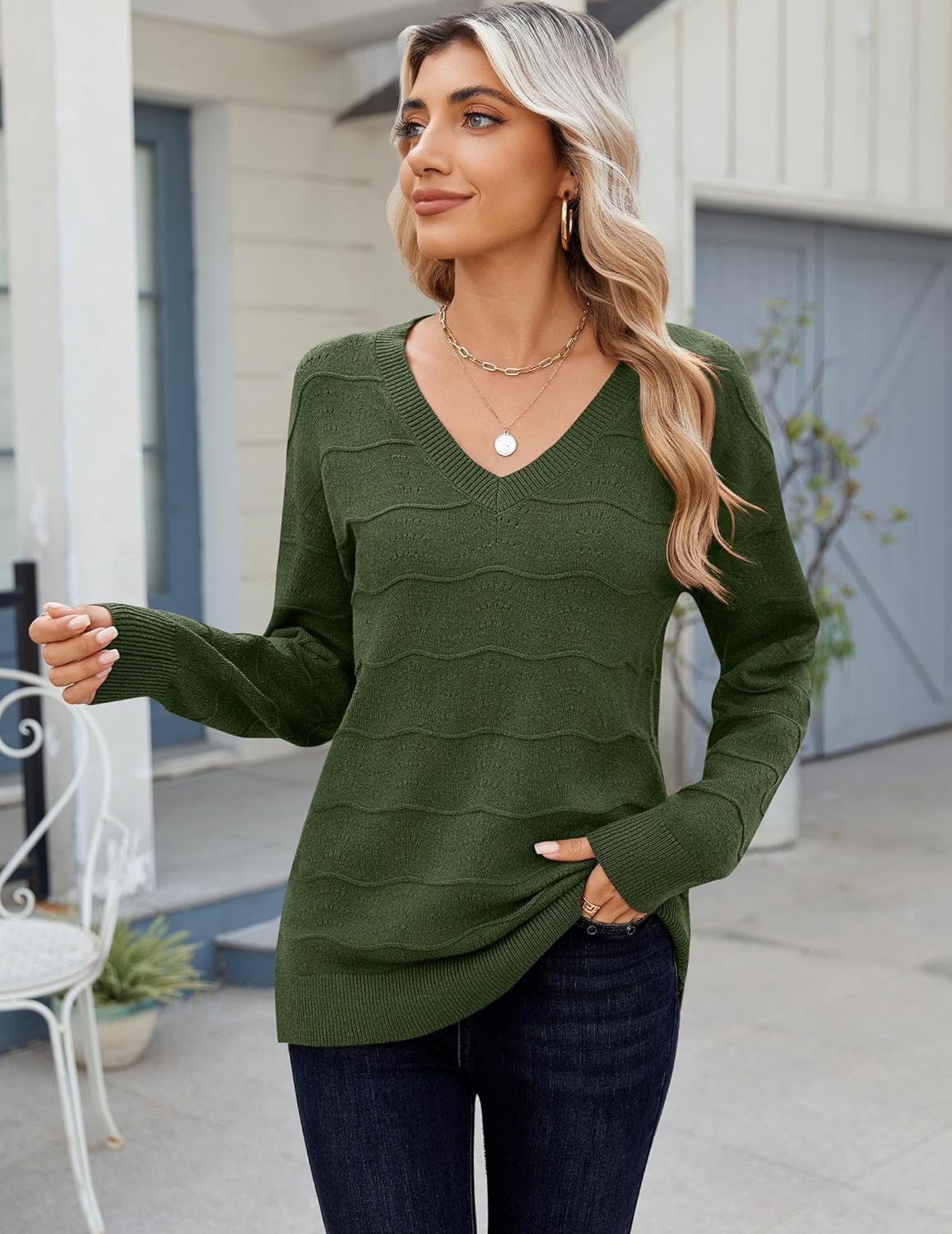 Zeagoo Womens Sweaters Fall Casual Long Sleeve V Neck Shirts Lightweight Crochet Ribbed Knit Pullover Tops Outfits - Image 3