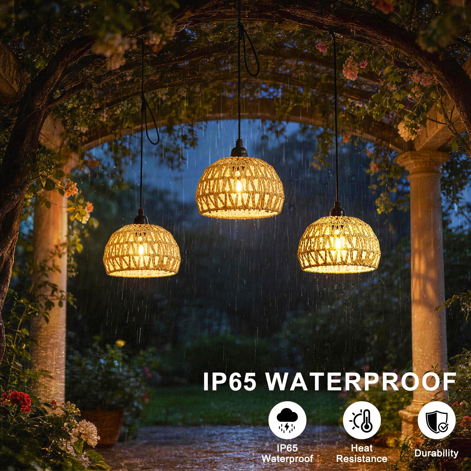 Lightess LampadariLightess 3x Lampadario con Batteria - Lampada a Sospensione Portatile Dimmerabile Telecomando, IP65 per Esterni e Interni, Stile Boho, per Giardino, Terrazza, Tavolo (Senza Fili)