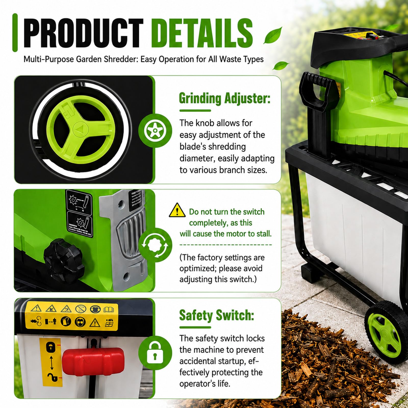 MIAOXIAOLONG Broyeur Déchiqueteuse Électrique, 2800W avec Capacité De Coupe 45mm, Bac De Collecte 60L, Système De Protection De Sécurité Et Roues Portables, pour L'entretien des Pelouses
