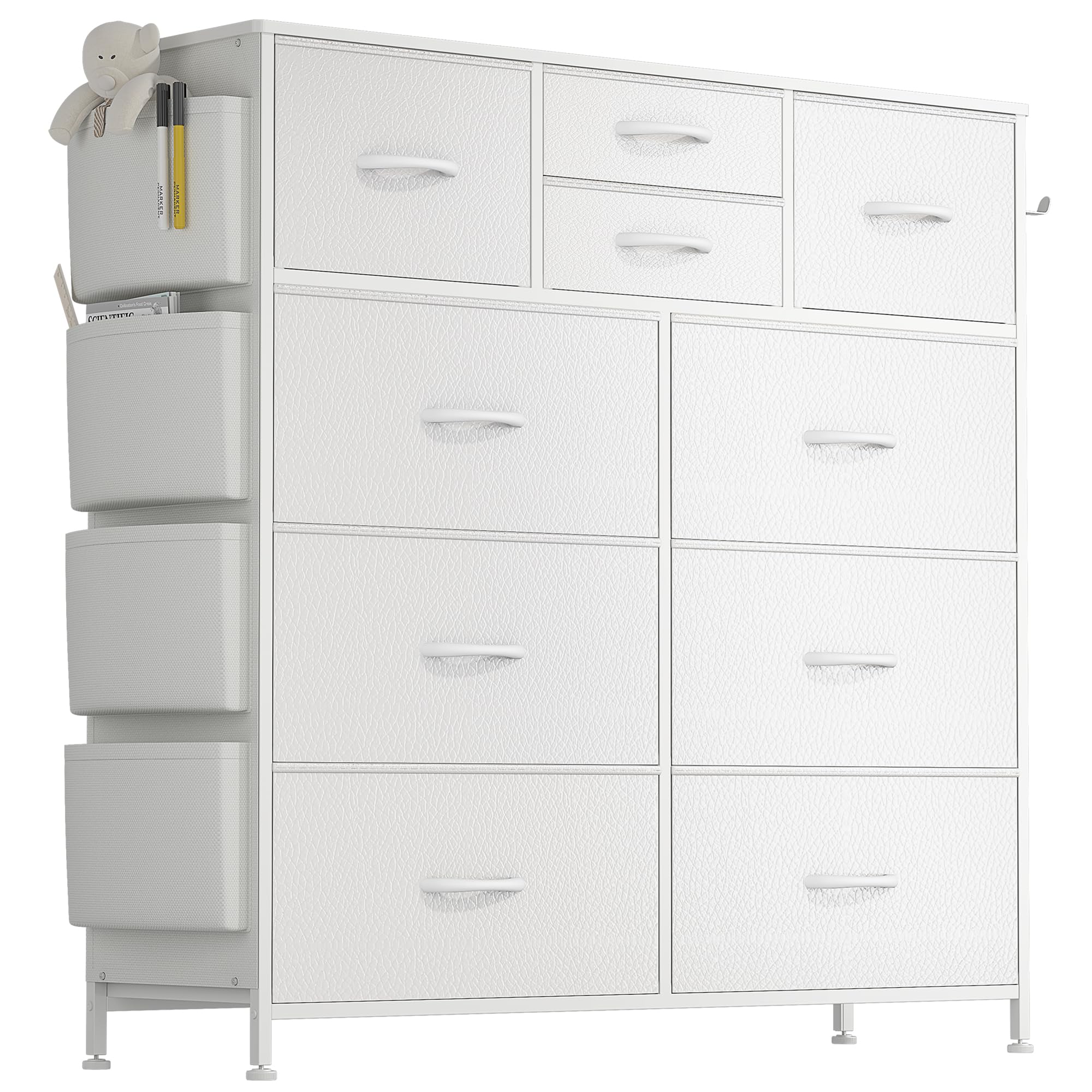 Buluri Kommode mit 10 Stoffschubladen, Komodenschrank mit Seitentaschen und Haken, Holzplatte und Metallrahmen, Stoffkommode für Schlafzimmer, Wohnzimmer, Flur, Kinderzimmer (Weiß)