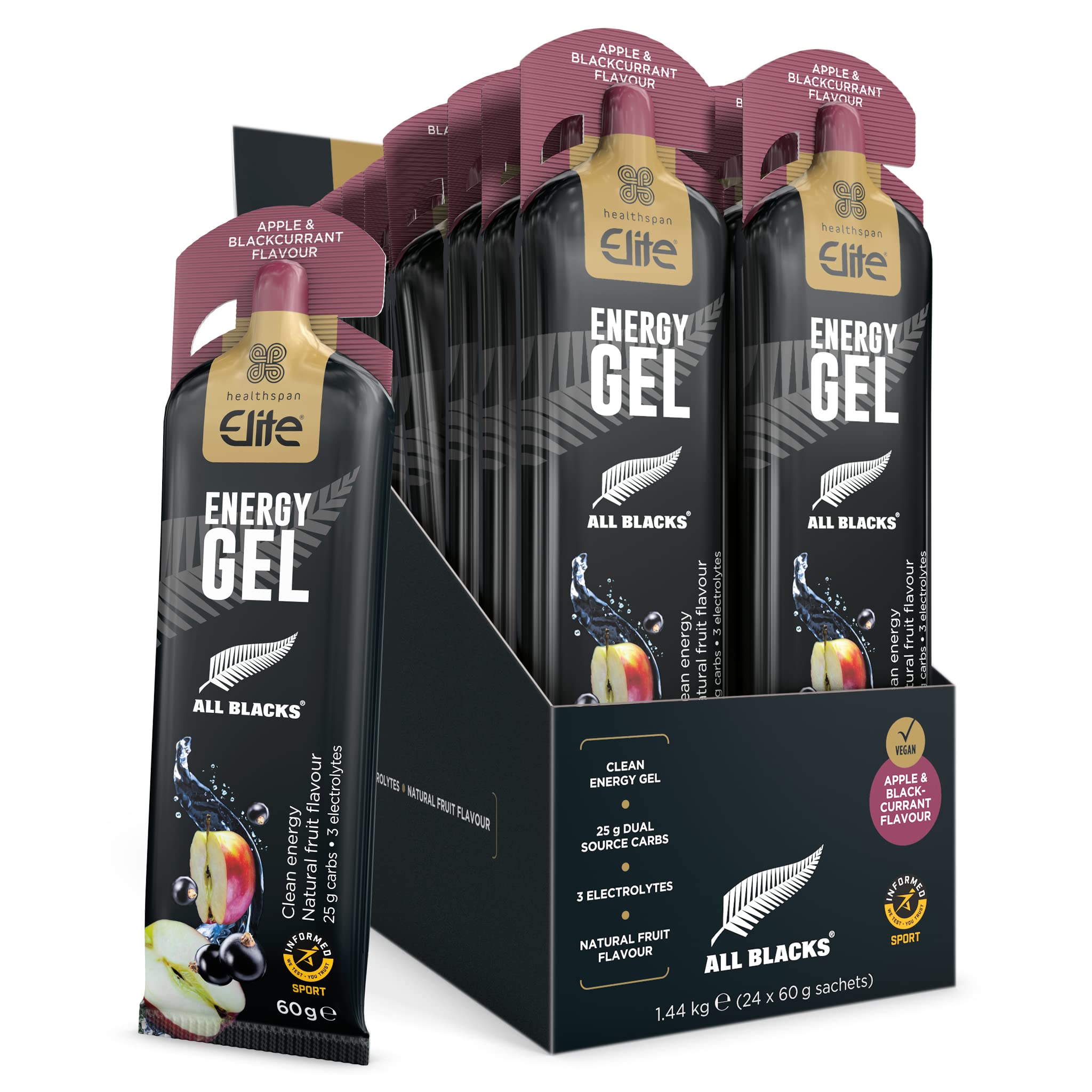 Apple & Blackcurrant Flavoured Energy Gels | All Blacks | with at Least 24g Dual Source, Fast Acting Carbs | Added Electrolytes (Sodium, Potassium & Calcium) | Informed Sport Accredited | Vegan