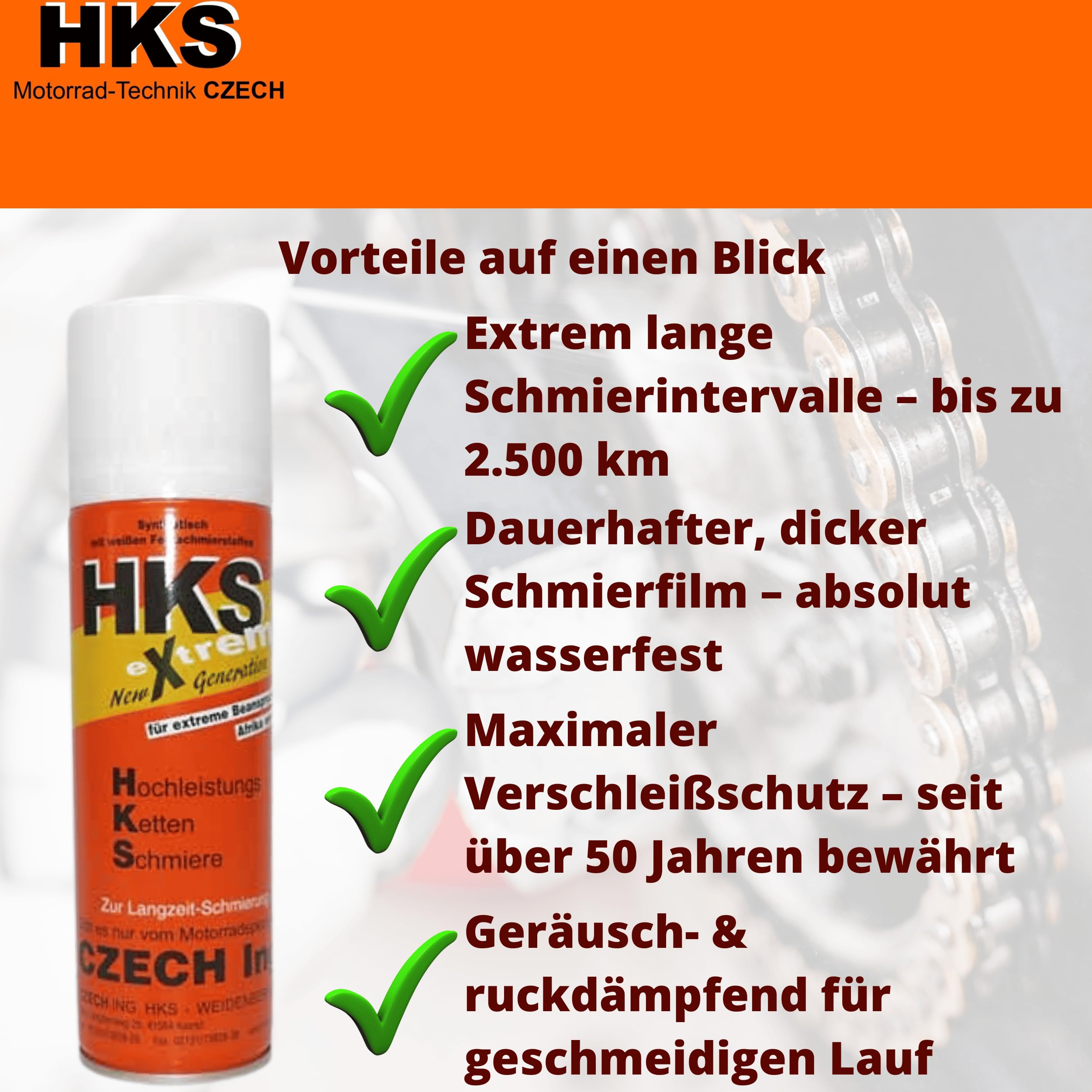 extrem New Generation – Hochleistungs Kettenspray 300 ml | Rein synthetisches Kettenschmiermittel | Wasserfest, haftstark & O/X-Ring verträglich (HKS EXTREM-Spray)