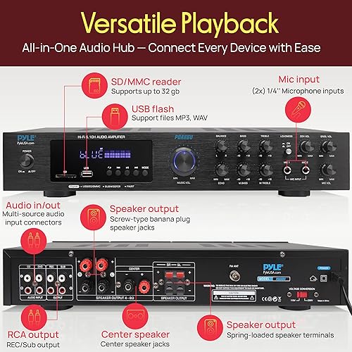 Miniatura 3 de Pyle Bluetooth Audio Amplifier - Home Stereo Receiver with 5 Channels and Subwoofer Out - MP3/USB/SD - AUX - FM Radio - 2 Mic Inputs w/ Echo - VFD