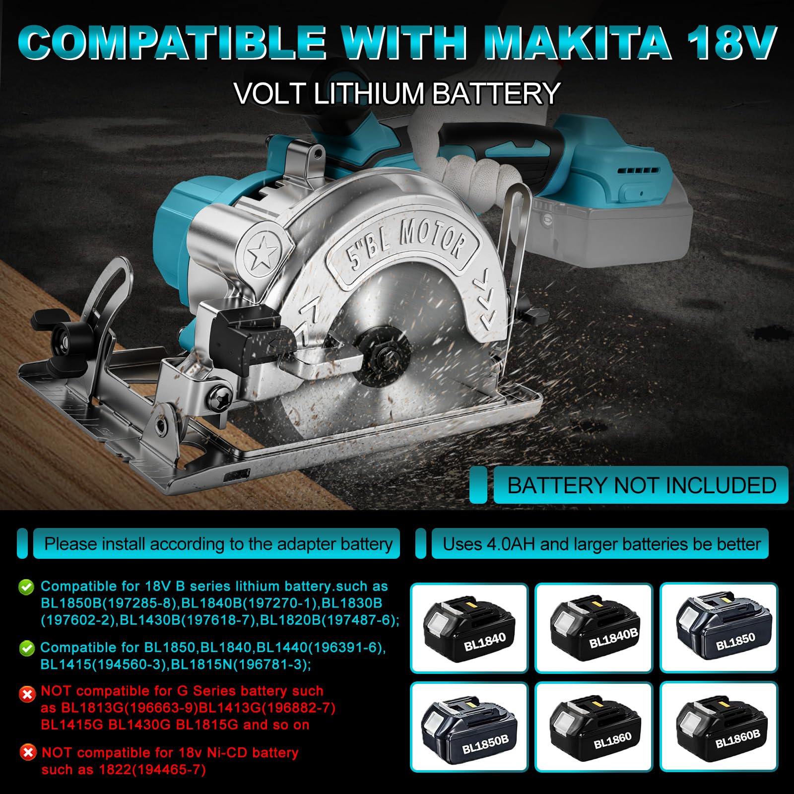 Sega circolare a batteria da 125 mm per batteria Makita da 18 V (senza batteria), motore senza spazzole 0-6500 giri/min, angolo di taglio 0-45°, profondità di taglio 41 mm (90°) 21 mm (45°), per legno