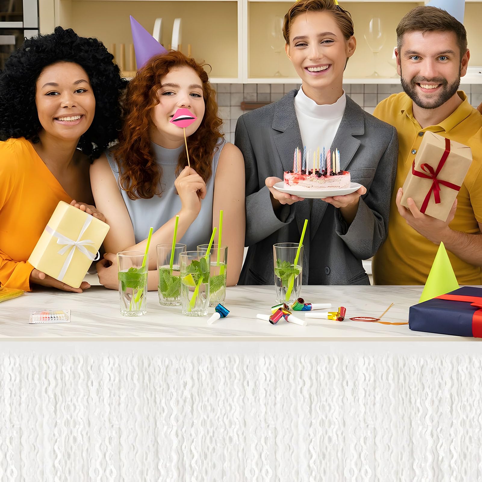 Confezione da 6 gonne da tavolo con frange in lamina di alluminio bianco macaron da 73 x 274 cm, striscione metallico per festeggiare lo sfondo per la sfilata di galleggianti, matrimoni, festa della