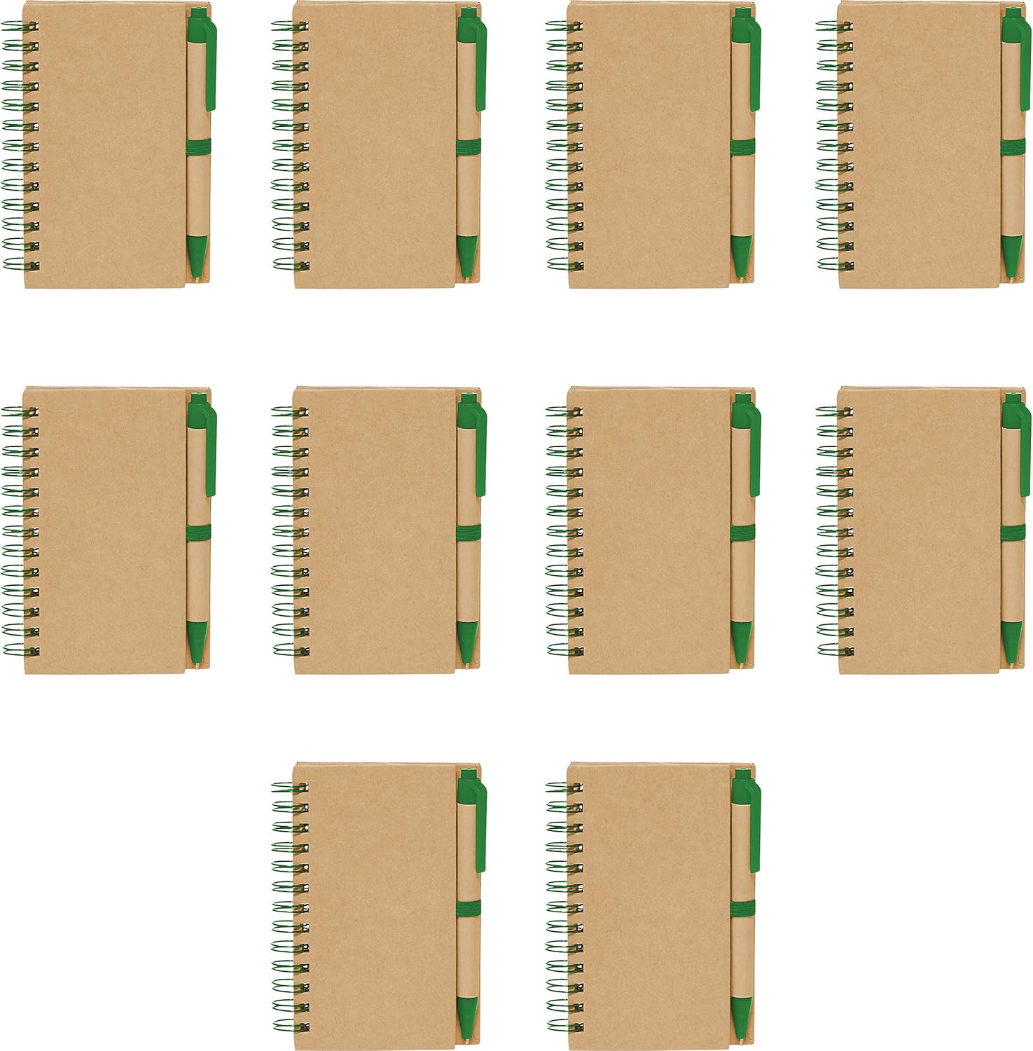 DISCOUNT PROMOS Mini Spiral Notebooks with Black Ink Pens Set of 10, Bulk Pack - Perfect for School, Office, Business, Home - Green