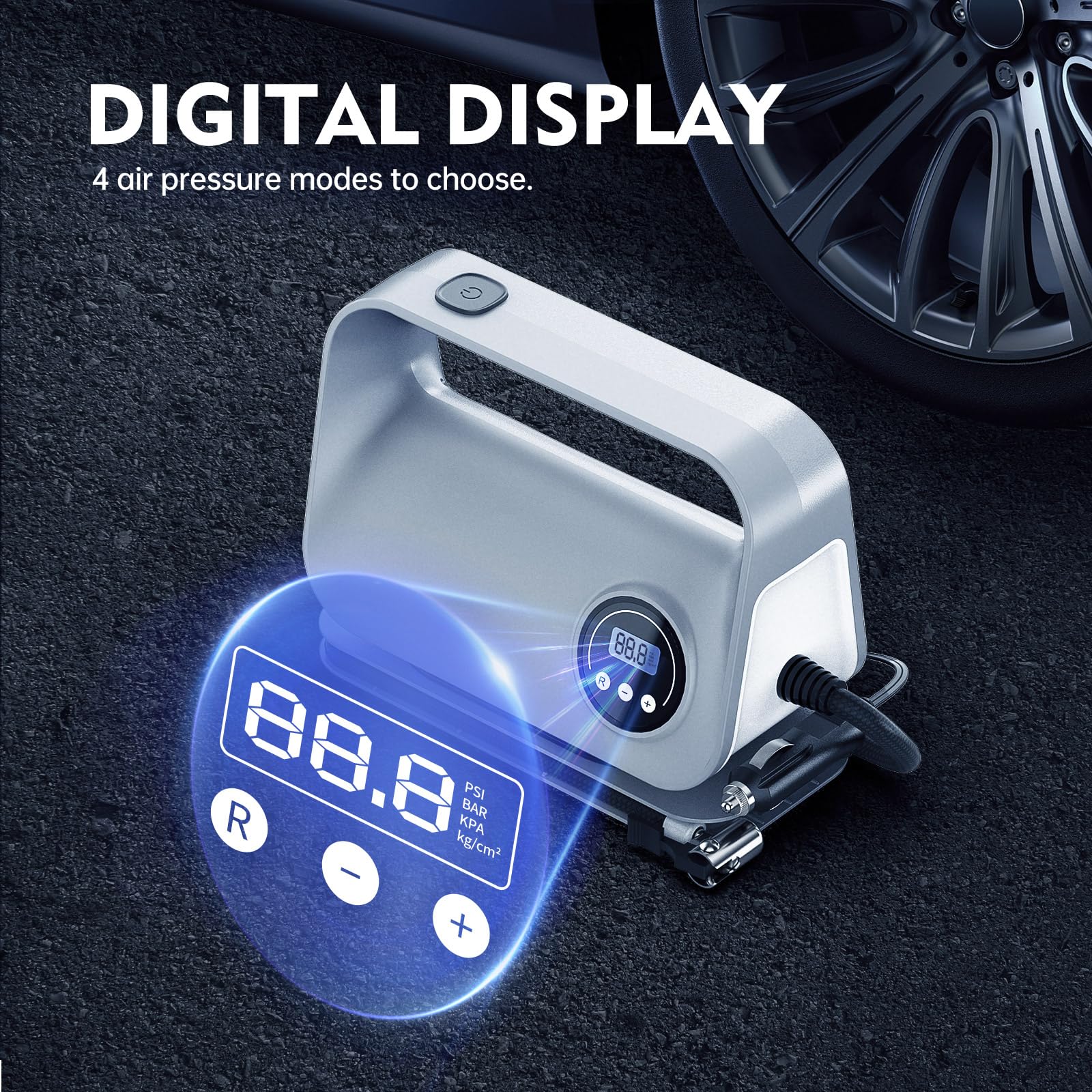 YIJU Inflador de neumáticos portátil compresor de aire bomba de aire para neumáticos de coche, accesorios de coche, bomba automática de 12 V CC con manómetro digital, luz LED de emergencia para