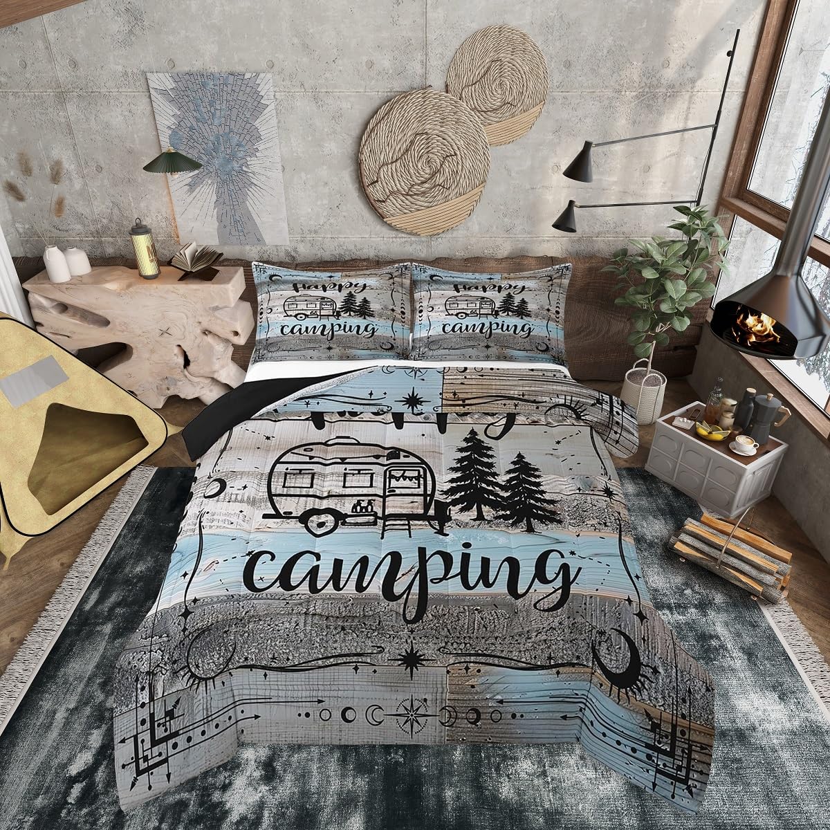 Erosebridal Boho Camper Decor Comforter Set King Happy Camping Bedding Set Rv Accessories Quilt for Travel Trailers Bunks,Rustic Farmhouse Stars Moon