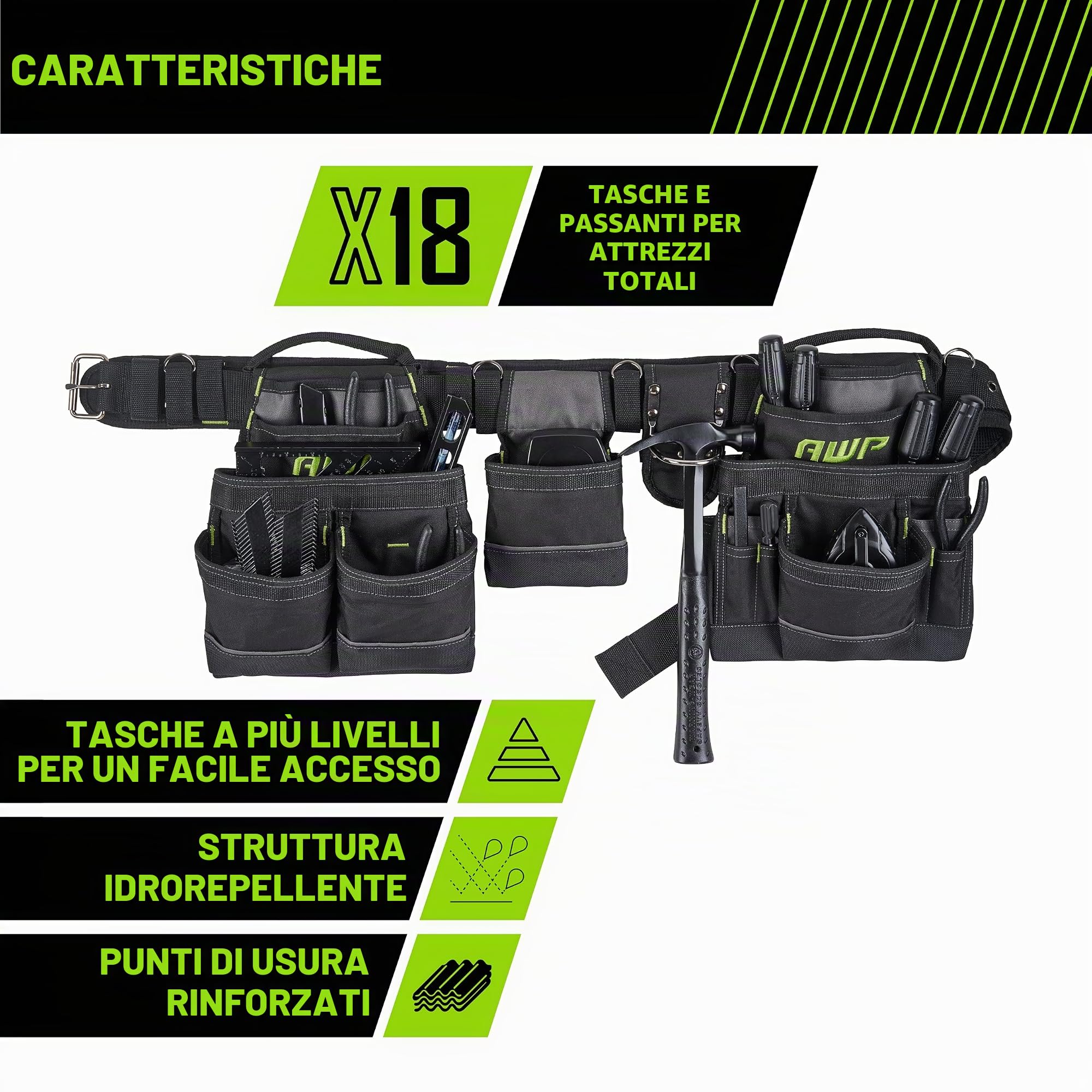 AWP Carpenter Tool Rig con maniglie per il trasporto, cintura per attrezzi premium, cintura imbottita in rete aerea adatta a vita fino a 50 pollici