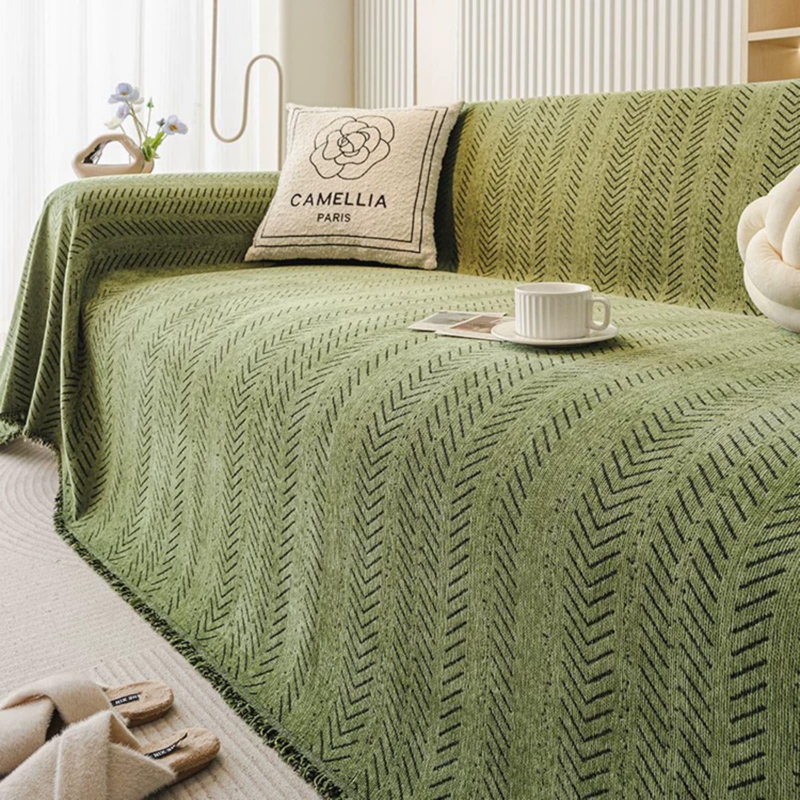 Hearda Chenille Sofa Blanket Cover, Sofa Throws Large 1 2 3 4 5 Seater Modern Reversible Soft Throw Blanket with Tassels Couch Cover Universal Sofacover Furniture Protector (Dark Green,180x300cm)