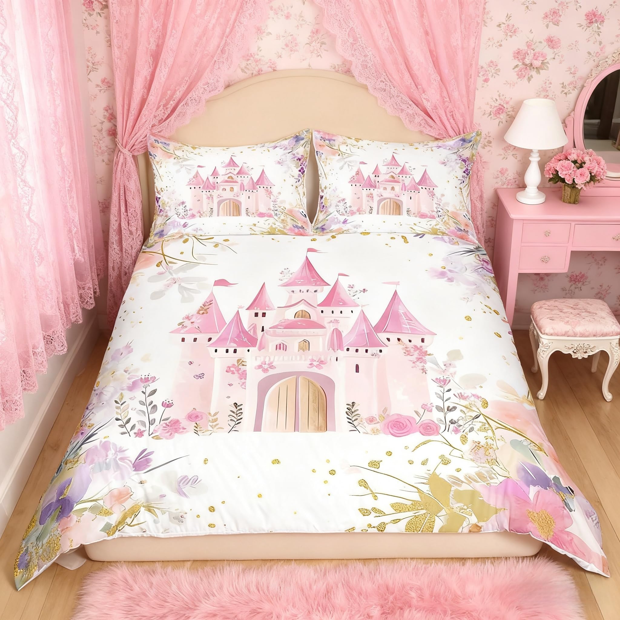 Manfei Pink Castle Kid Duvet Cover Set Double Size, Watercolor Flower Bedding Set for Girl Princess Bedroom Decor, Fairy Tale Garden Floral Comforter Cover, Soft Polyester Quilt Cover, 2 Pillowcases