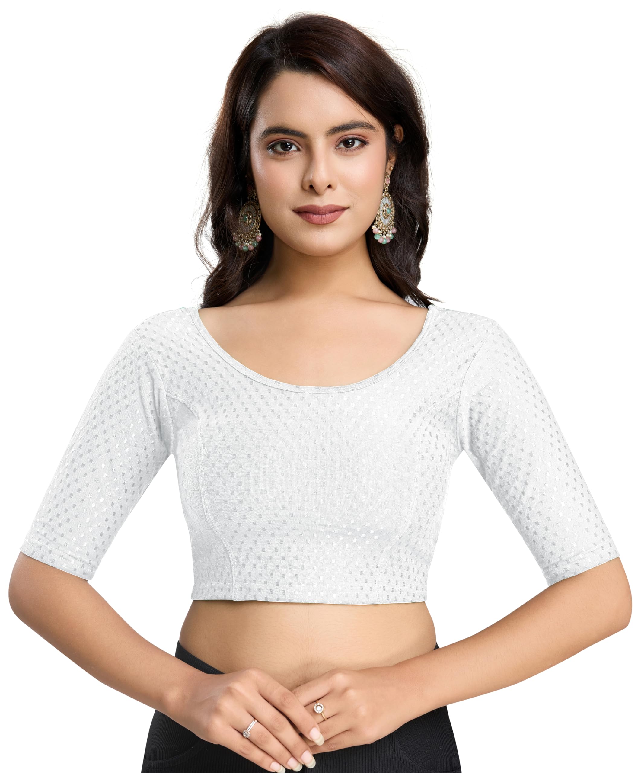 trendmalls Women's Dobby Pure Cotton Elastin Stretchable Readymade Round Neck Elbow Length Sleeves Blouse Choli Stylish Saree Blouse Ready to Wear-picture-45