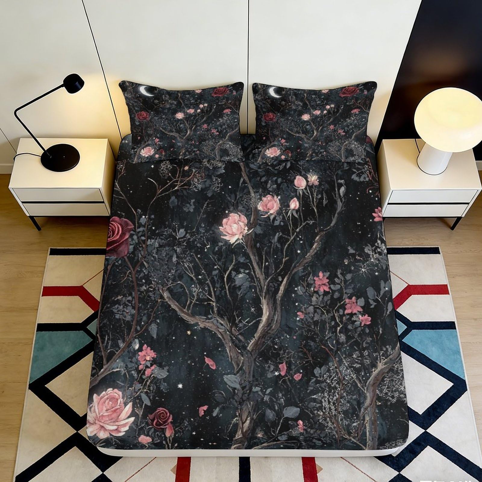 3D Printed Midnight Rose Forest Fitted Sheet Microfiber Anti-Slip Bed Cover for Bedroom Guest Room Protection Decor 120x200x25cm