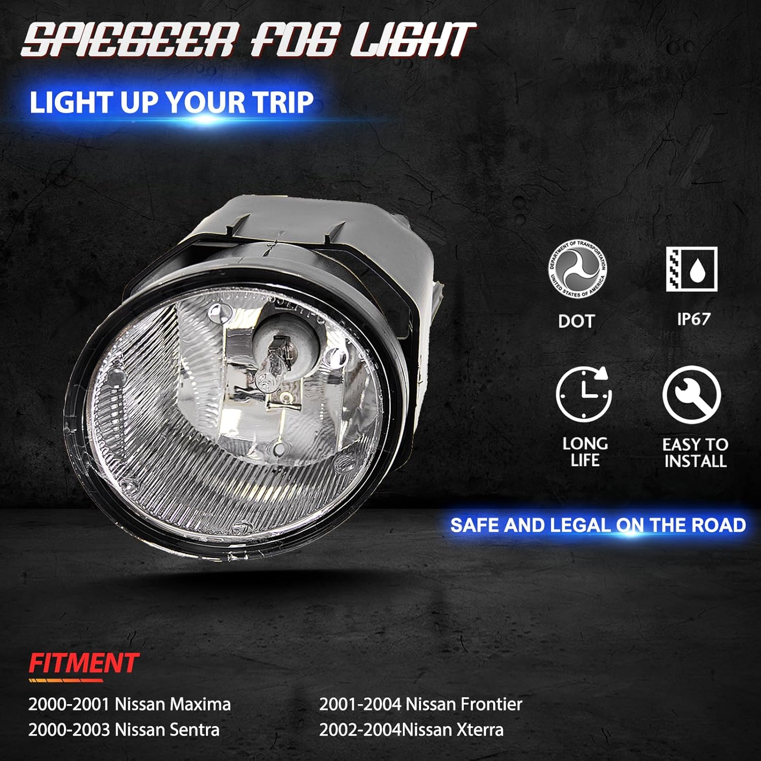 Fog Lights Assembly for 2000-2003 Nissan Sentra, 2001-2004 Frontier, 2002-2004 Xterra, 2000-2001 Maxima Replacement Kit with H3 12V 55W Halogen Bulbs & Switch and Wiring (Clear Lens)