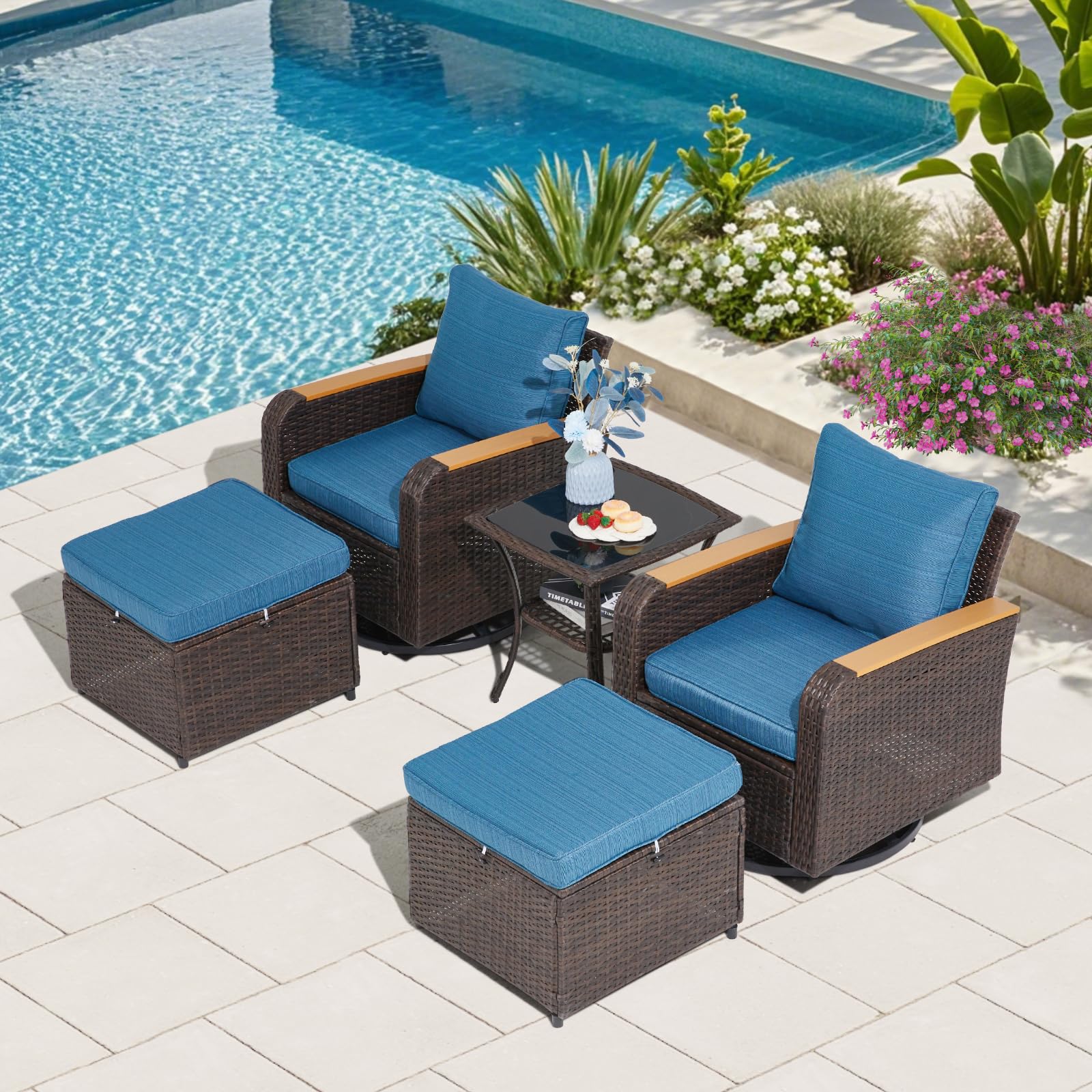 Yalissey 5 Piece Outdoor Patio Furniture Set, Wicker Swivel Rocking Chairs with Ottoman for Garden, Porch, Backyard