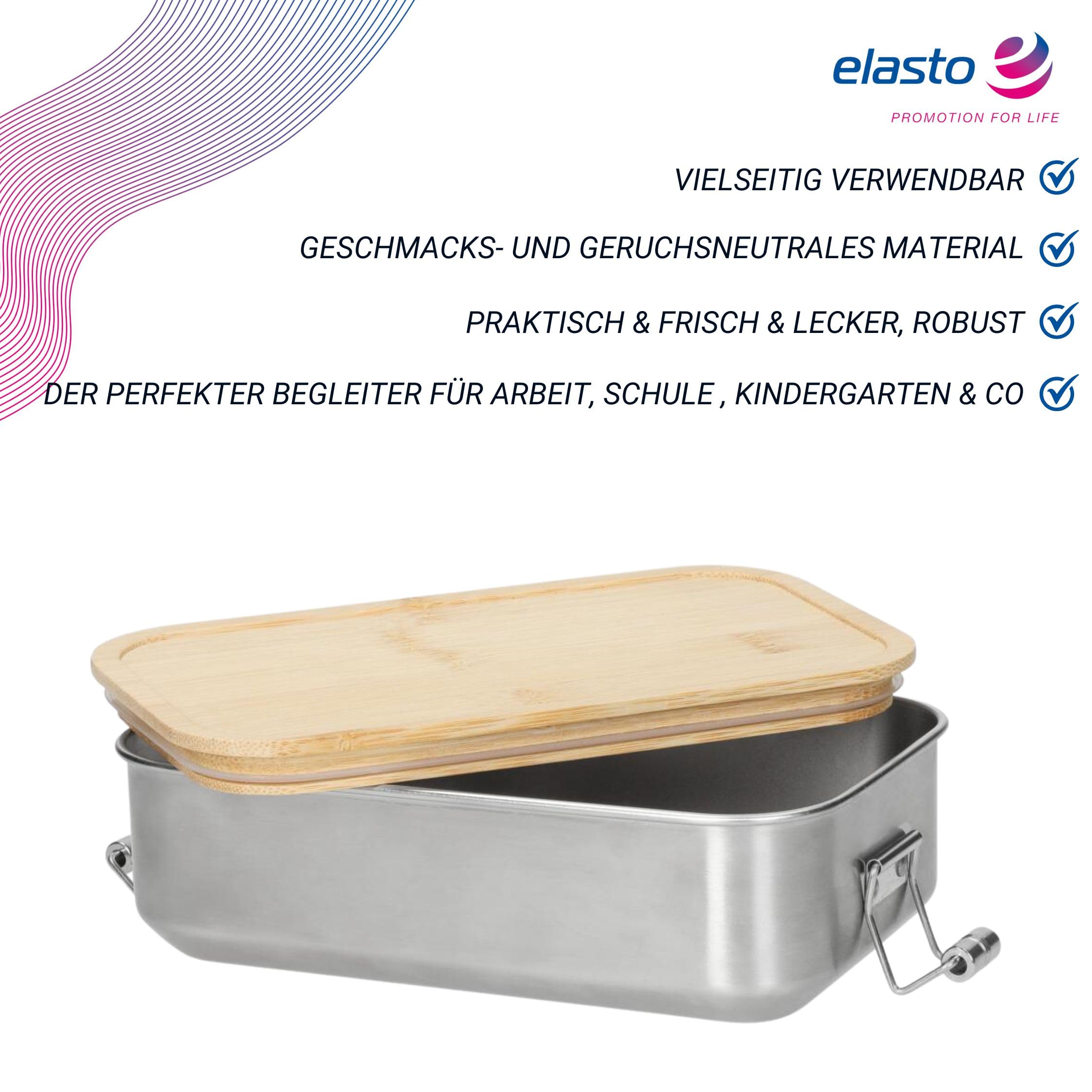 elasto PROMOTION FOR LIFE Sagano - Envase para Alimentos, Contenedor de Alimentos, Tarro de Acero Inoxidable con Tapa de Bambú y Pinza de Sujeción (1,0 L), Color Plateado y Natural