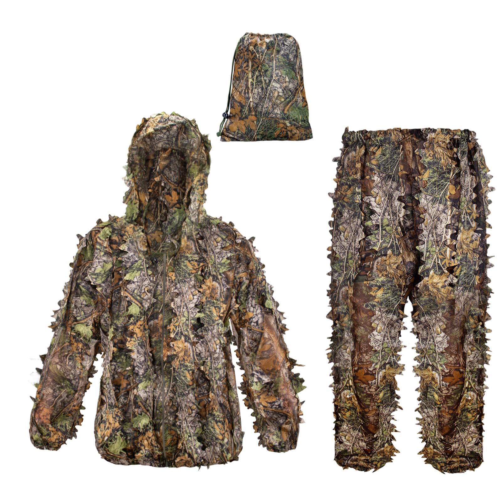 Ghillie Suit, Adult 3D Leafy Suit for Hunting, Hunting Gear Including Leafy Jacket, Camo Hunting Pants and Carry Bag, Lightweight Leafy Camo Suit for Turkey Hunting