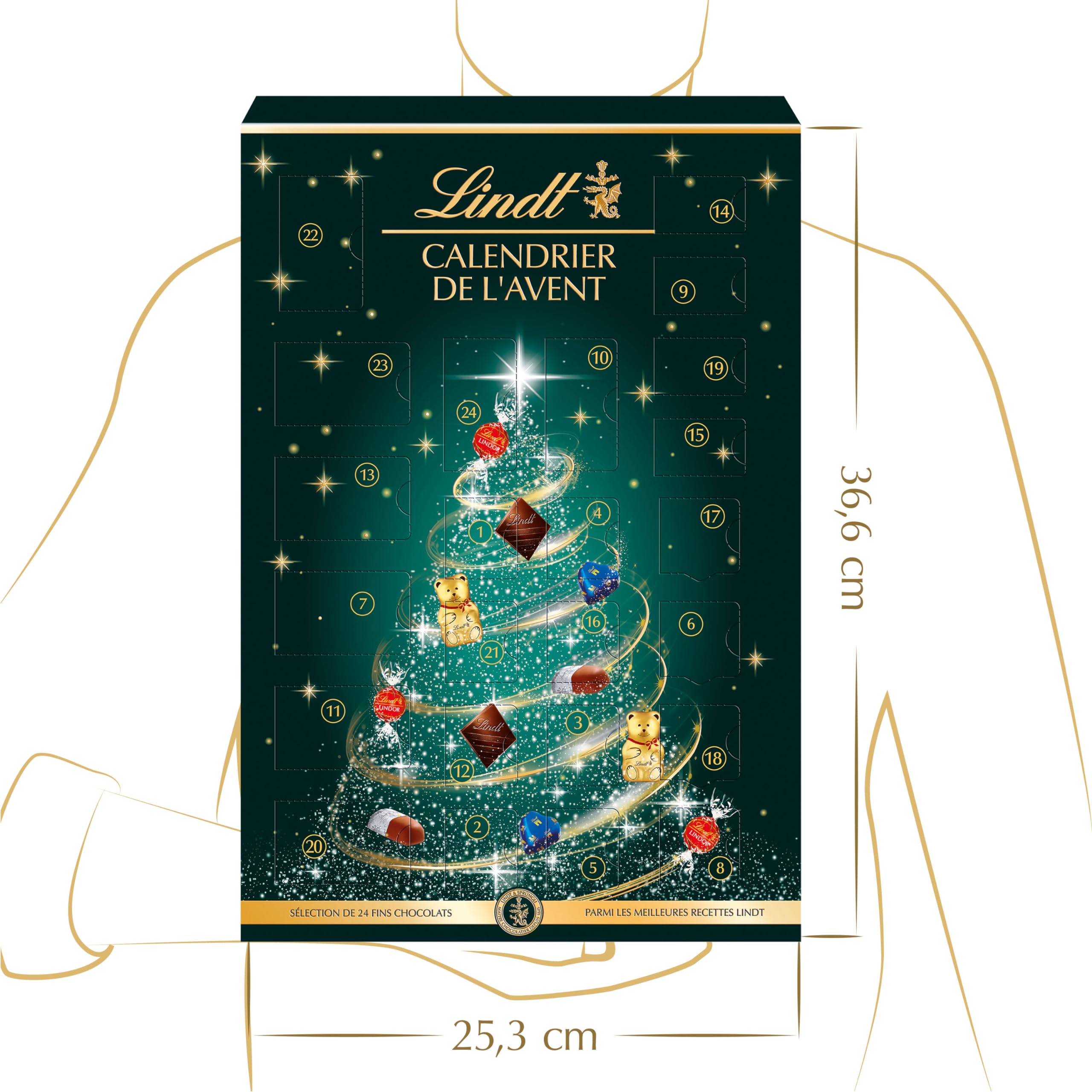Lindt - Calendrier de l'Avent - Assortiment de Chocolats au Lait, Noirs et Blancs - Idéal pour Noël, 221g