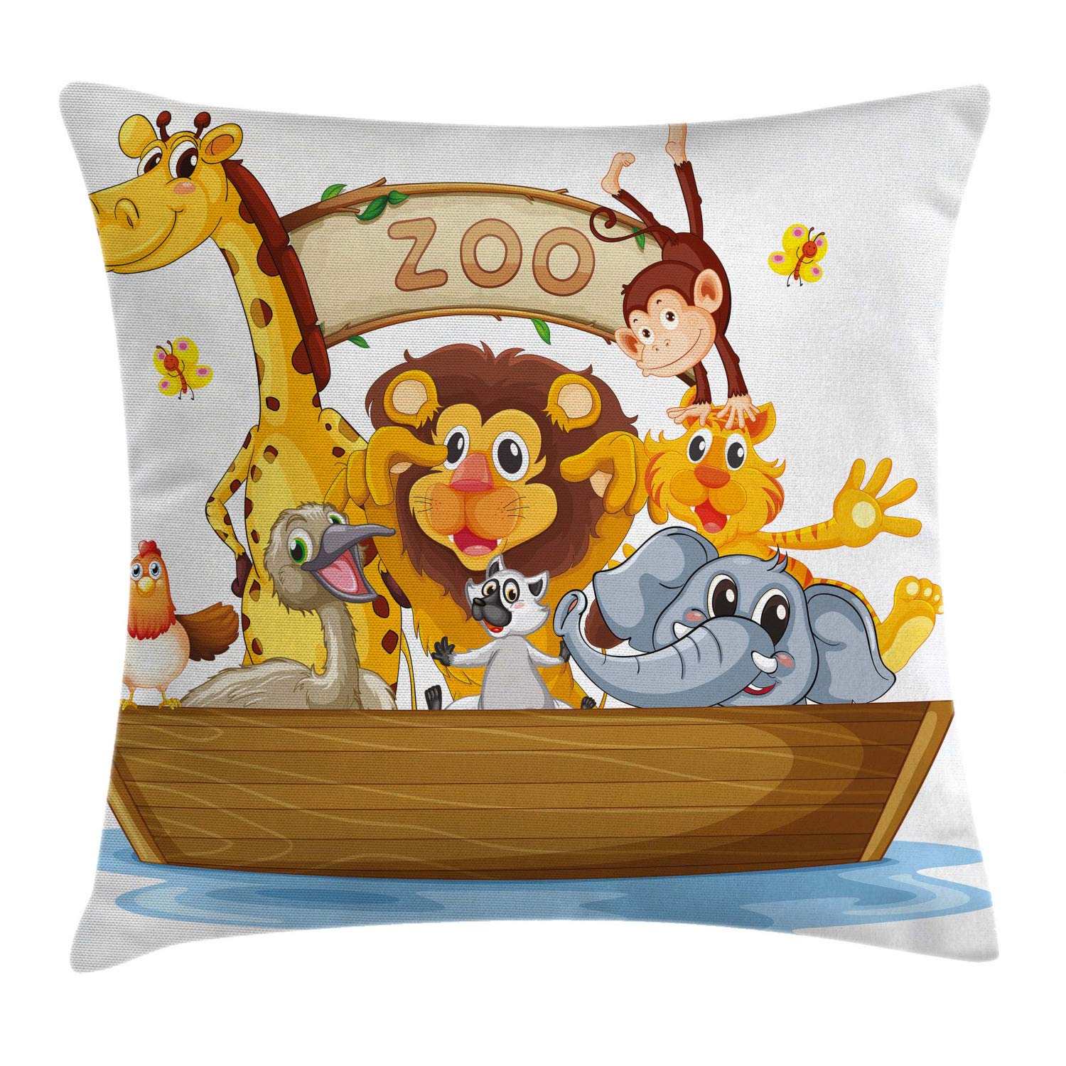 Lunarable Cartoon Throw Pillow Cushion Cover, Illustration Boat Full of Style Animals Zoo Theme Lion Giraffe Monkey, Decorative Square Accent Pillow Case, 36