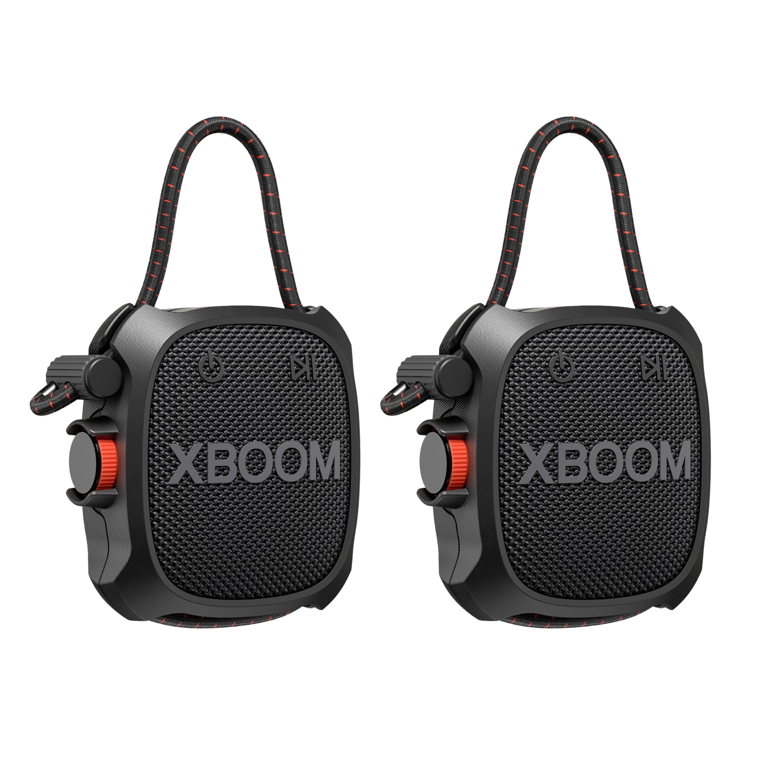 LG XBOOM Go XG2 Mini altavoz Bluetooth portátil, paquete doble, resistente al agua, portátil al aire libre, hasta 10 horas de duración de la batería, 5 W, con transmisión inalámbrica de música
