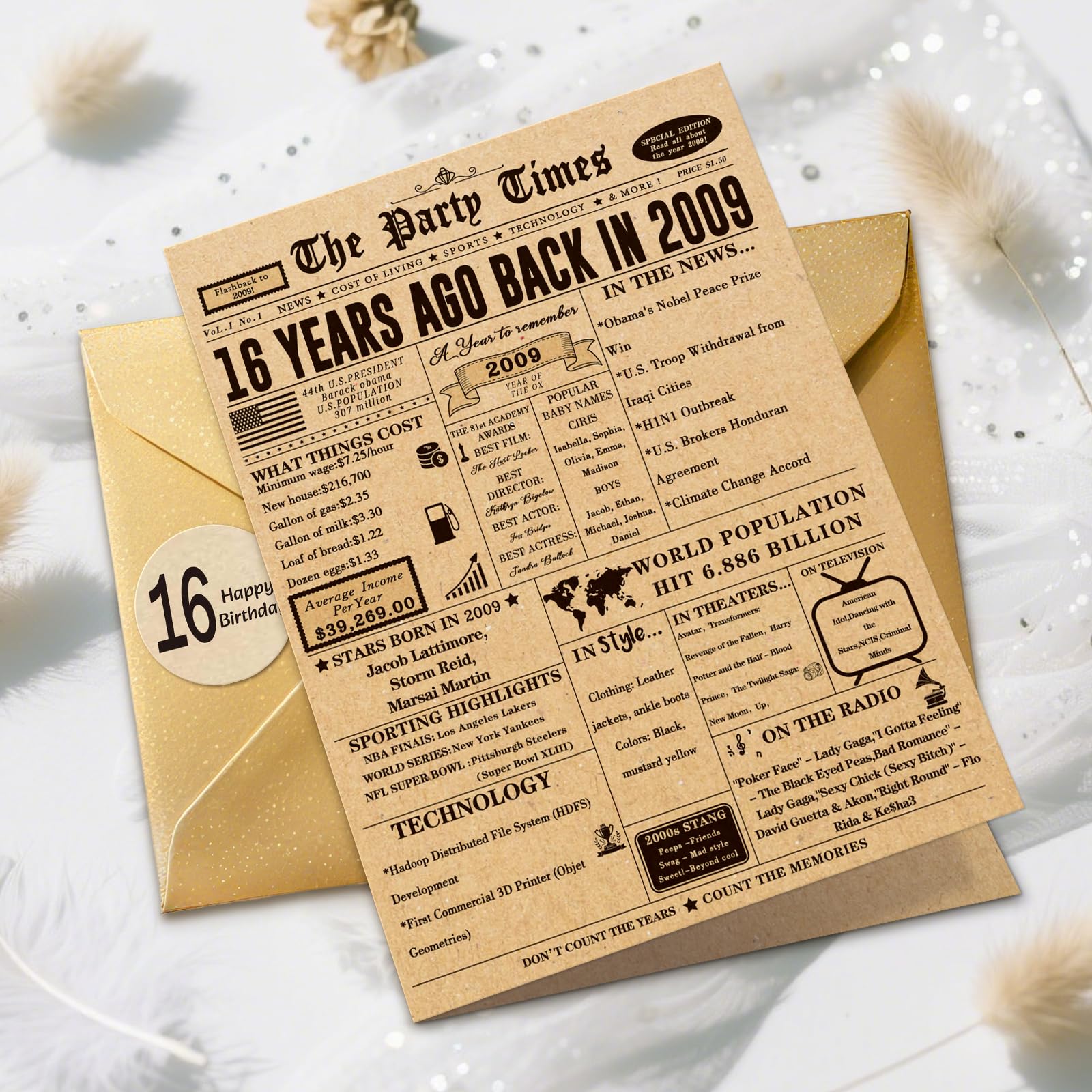 Happy 16th Birthday Cards, Funny 16th Birthday Decorations for Son Daughter, Vintage Back in 2009 Birthday Poster for Bday Niece Nephew, Sweet 16 Year