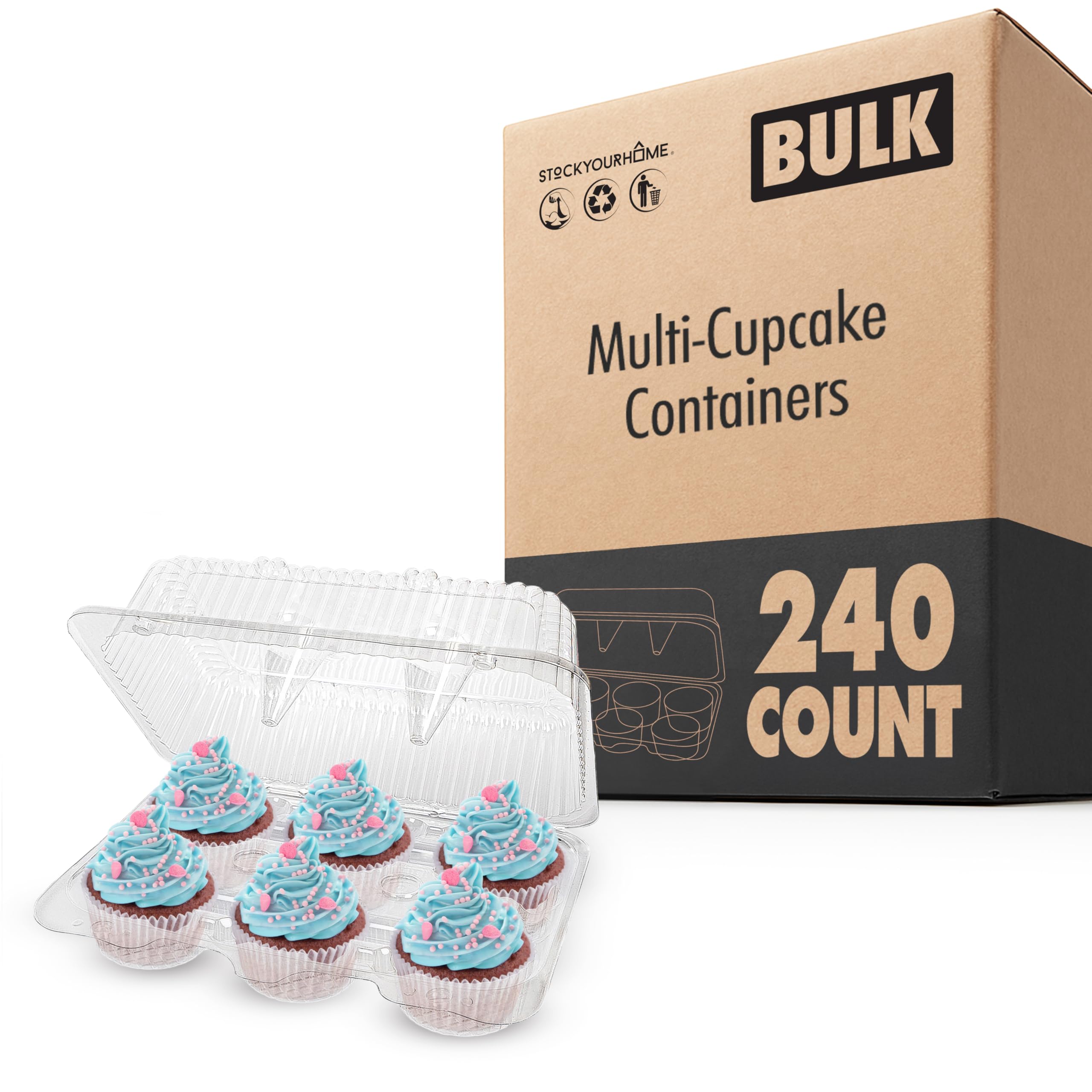 6-Compartment Plastic Cupcake Containers Disposable (240 Count) Clear Container with Connected Dome Lid by Stock Your Home – Jumbo/Large, 8.4 ounces, clear, Model SYH-2336-Case