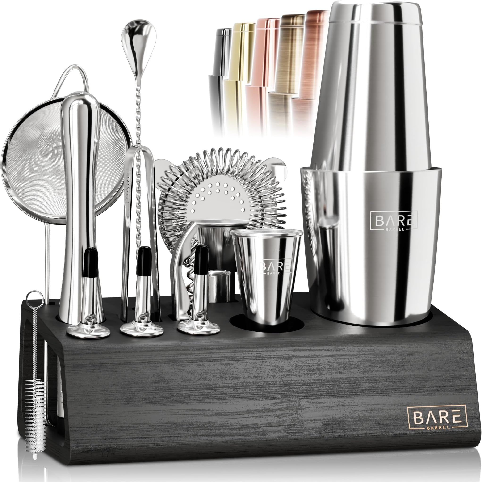 BARE BARREL® Boston Cocktail Making Kit | 14-Piece Bartender Kit Cocktail Shaker Set Maker | Bamboo Display Stand & 35 Recipe Cards | Mixology Christmas Cocktail Gift Set (Silver Black)