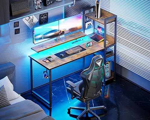 Miniatura 2 de ODK Escritorio reversible para computadora con tomas de corriente y puerto de carga USB, juegos de 48 pulgadas con estantes de almacenamiento y