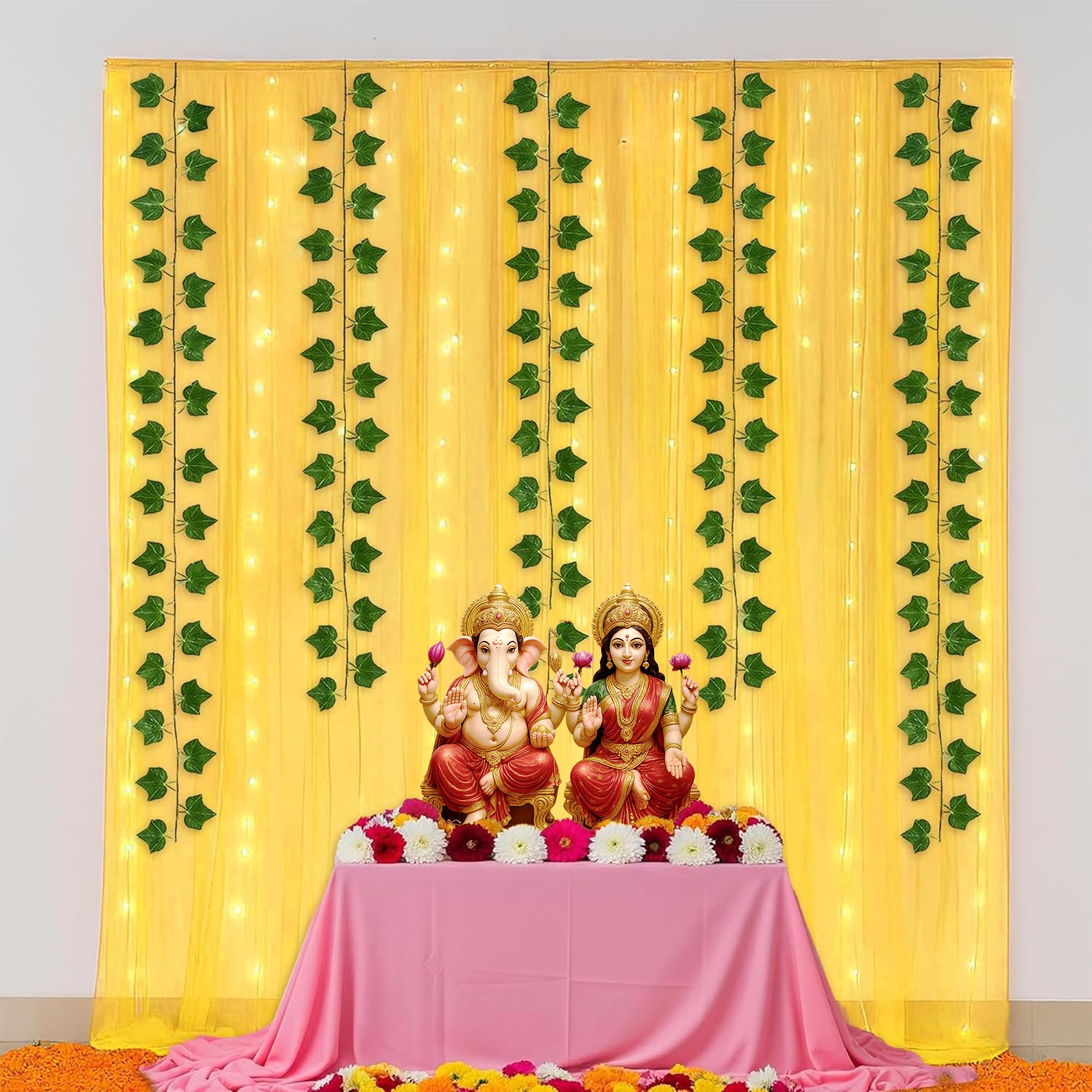 SpecialYou® Ganpati Decoration Setup for Home, Ganpati Decorations Backdrop Yellow Curtain(7 * 5ft), Green Vines, Lights(40Ft), Ganesh Decoration Items for Home Decor, Pooja room Decor- 8 Pcs