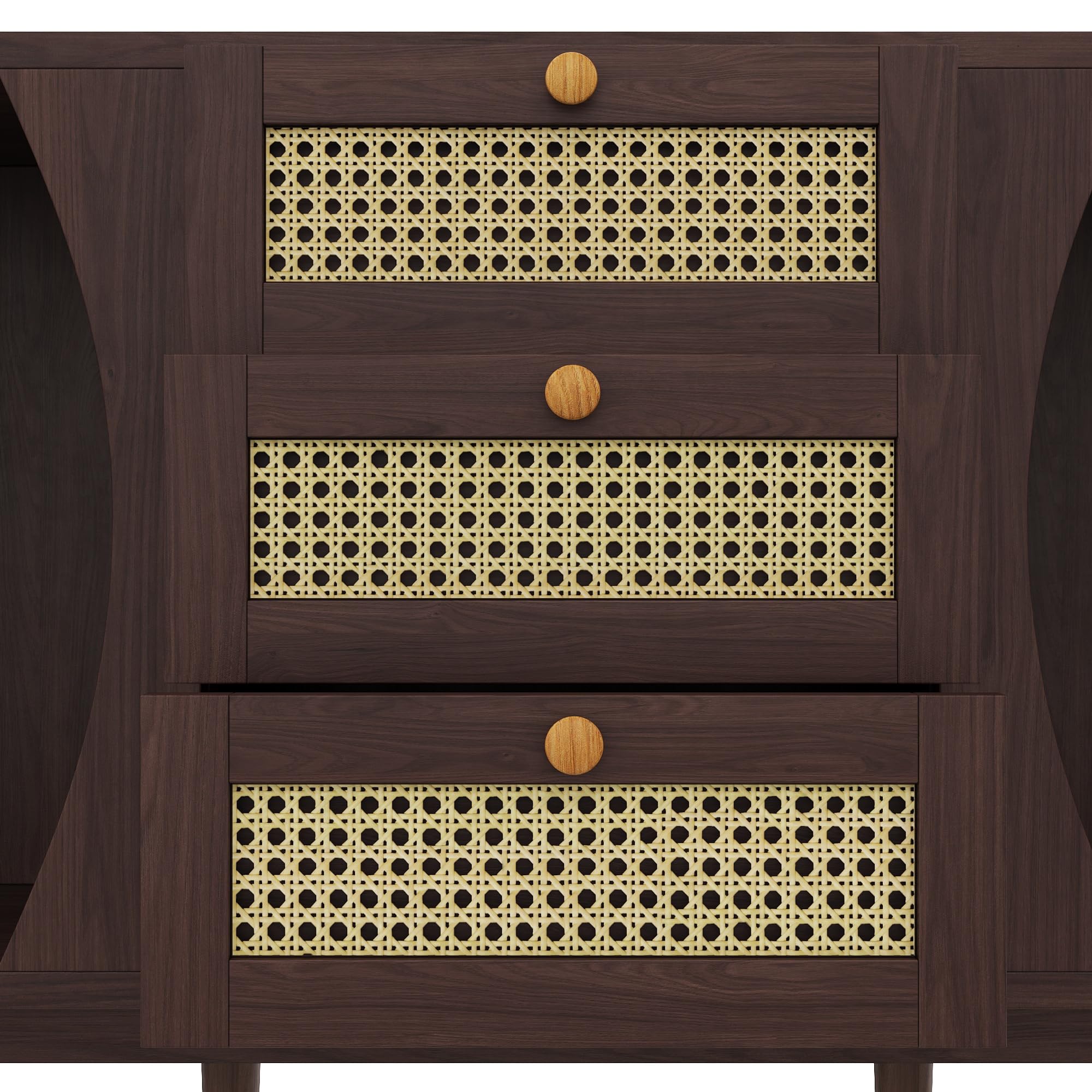 Merax Rattan Sideboard Kommode mit 3 Rattan Schubladen und 2 Schiebetüren, Sideboard Holz Küchenschrank Buffet mit verstellbaren Einlegeböden, gewölbter Platte Design, Walnuss/140.5x40x76cm