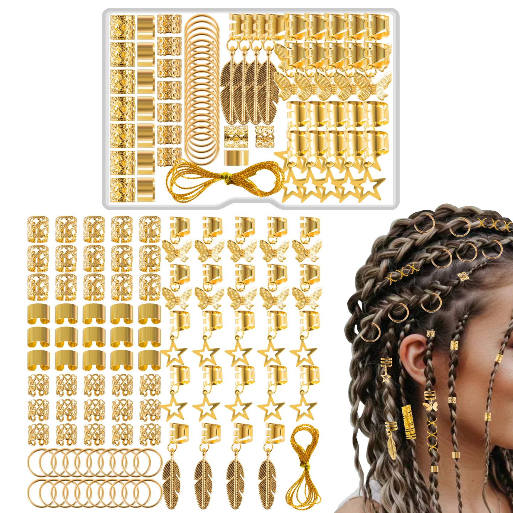 Lot de 90 bijoux pour dreadlocks - Bijoux viking - Doré - En métal - Réglable - Pour tresses - Accessoires de cheveux - Pour hommes, femmes, filles, garçons