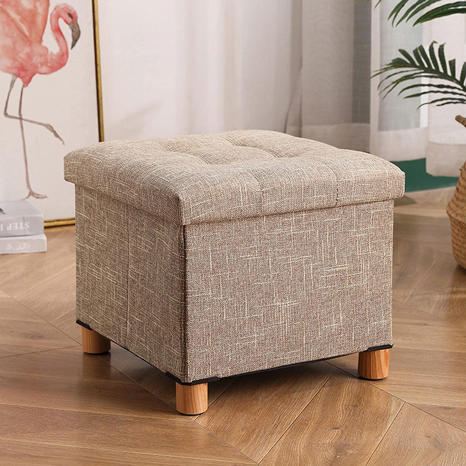LMMIAOZ Square Footrest Stool with Storage, Linen & Cotton Pouf for Shoe Changing, Cozy Ottoman for Living Room and Bedroom, Stylish and Functional Footrest