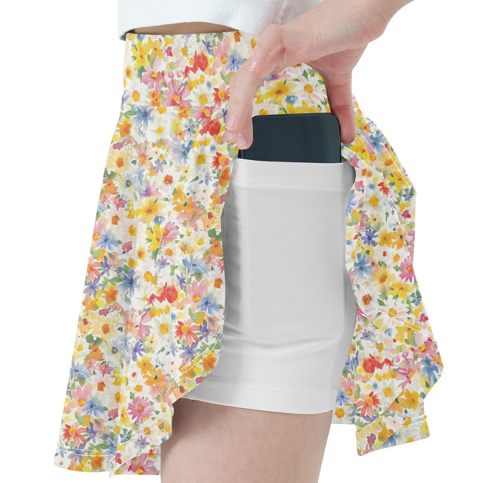 Wildflower Floral Tennis Skirt for Girls with Built-in Shorts Flowy Kids Cheer Skirt with Pockets Performance Skorts