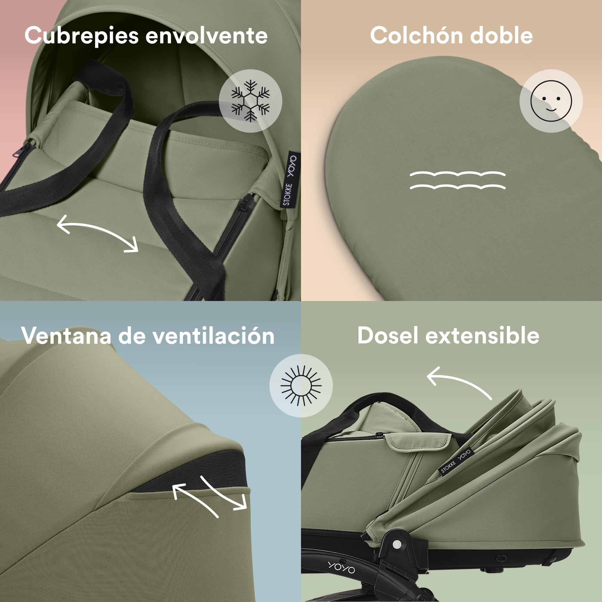 Cochecito YOYO3 de Stokke con Capazo para Recién Nacido - Incluye chasis en blanco, pack color 6+ para YOYO (Olive) y Capazo para Recién Nacido (Olive)