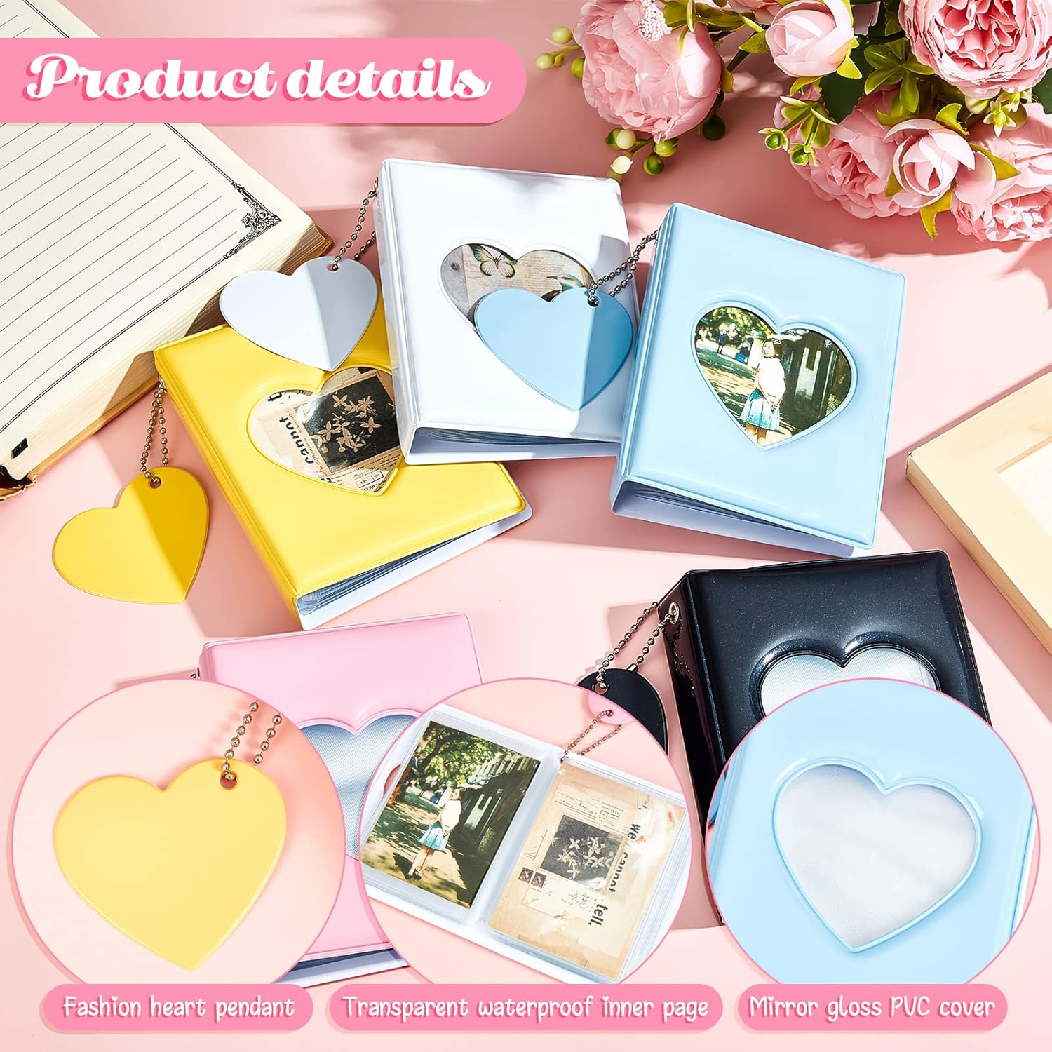 PerKoop 10 Pcs 3 Inch Kpop Photocard Holder Book Mini Photo Binder Album Small Love Heart Hollow Photo Card Binder Mirror with Heart Pendant Like Photocard Holder, 32 Pockets, 5 Colors