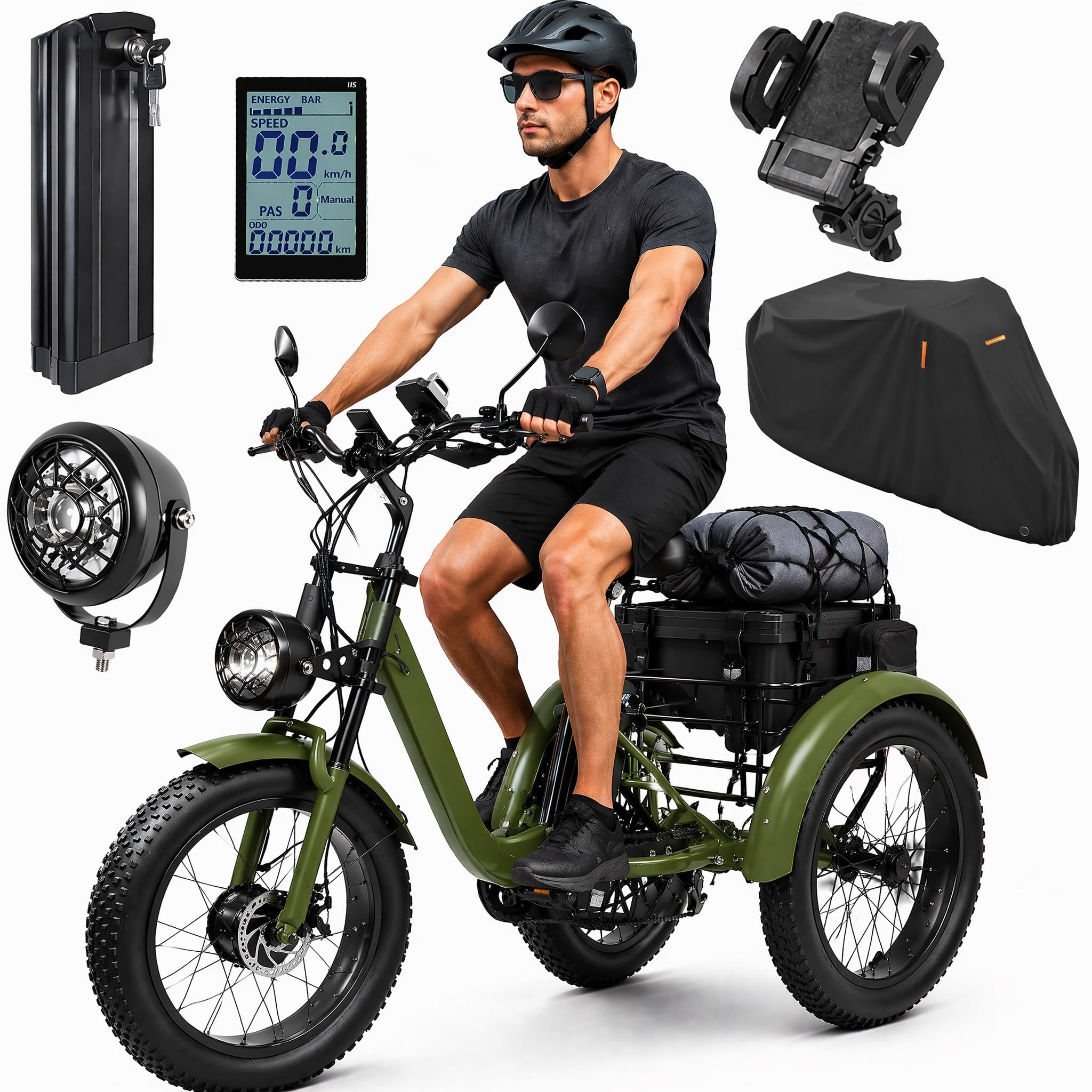3 Rad Elektrofahrrad Erwachsene 24 Zoll Fettreifen 7 Gang Motorisiertes Dreirad mit Heckkorb Lange Strecke E-Trike Senior Herren Damen Pendler Einkaufen Outdoor Freizeit Nutzung Green