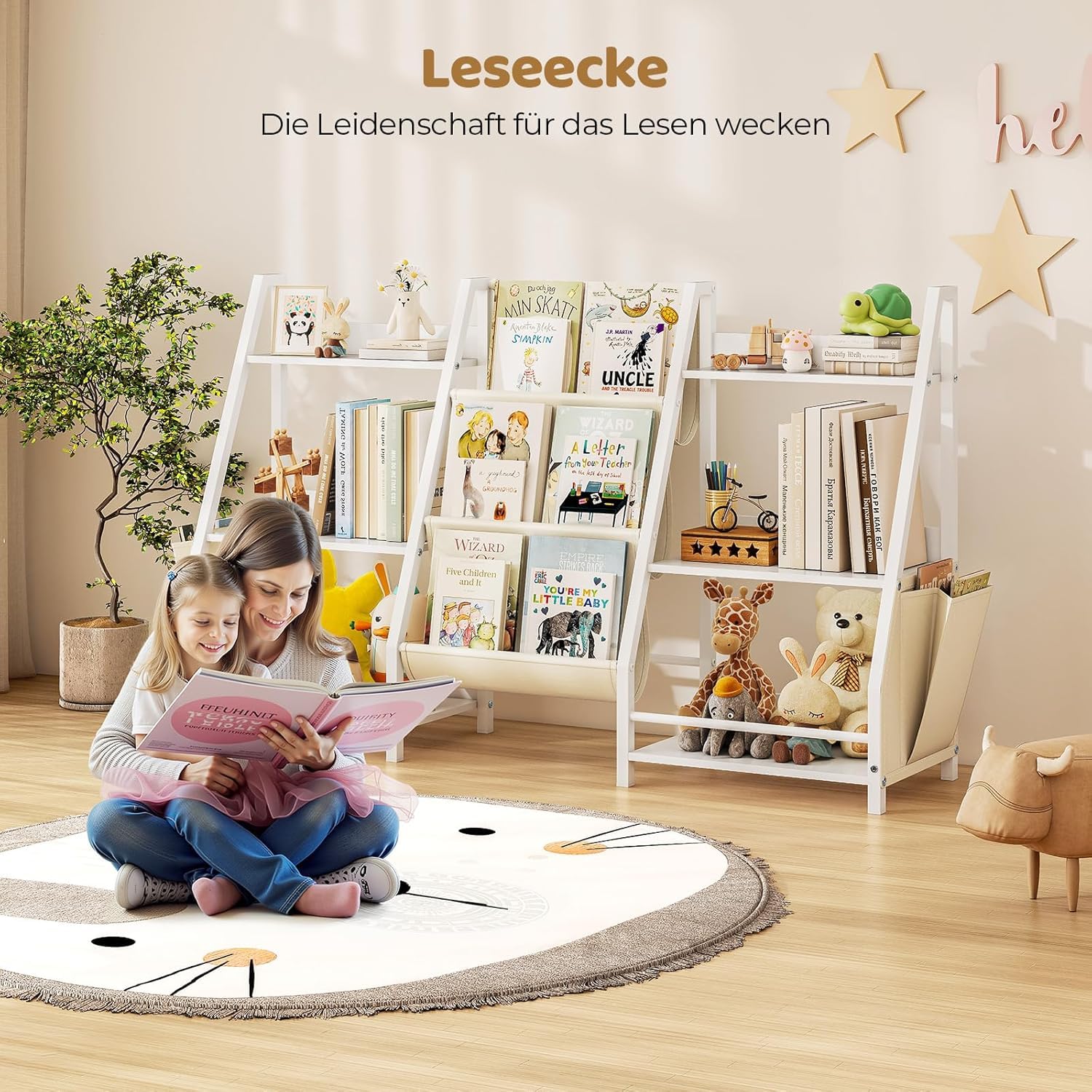 Bücherregal Kinder Mit 6 Fächern und 3 Ablagen | Spielzeugregal in Weiß | 127x72 cm Großes Bücherregal Kinderzimmer zur Aufbewahrung von Bilderbüchern & Spielzeug | Aufbewahrungsregal für Kleinkinder