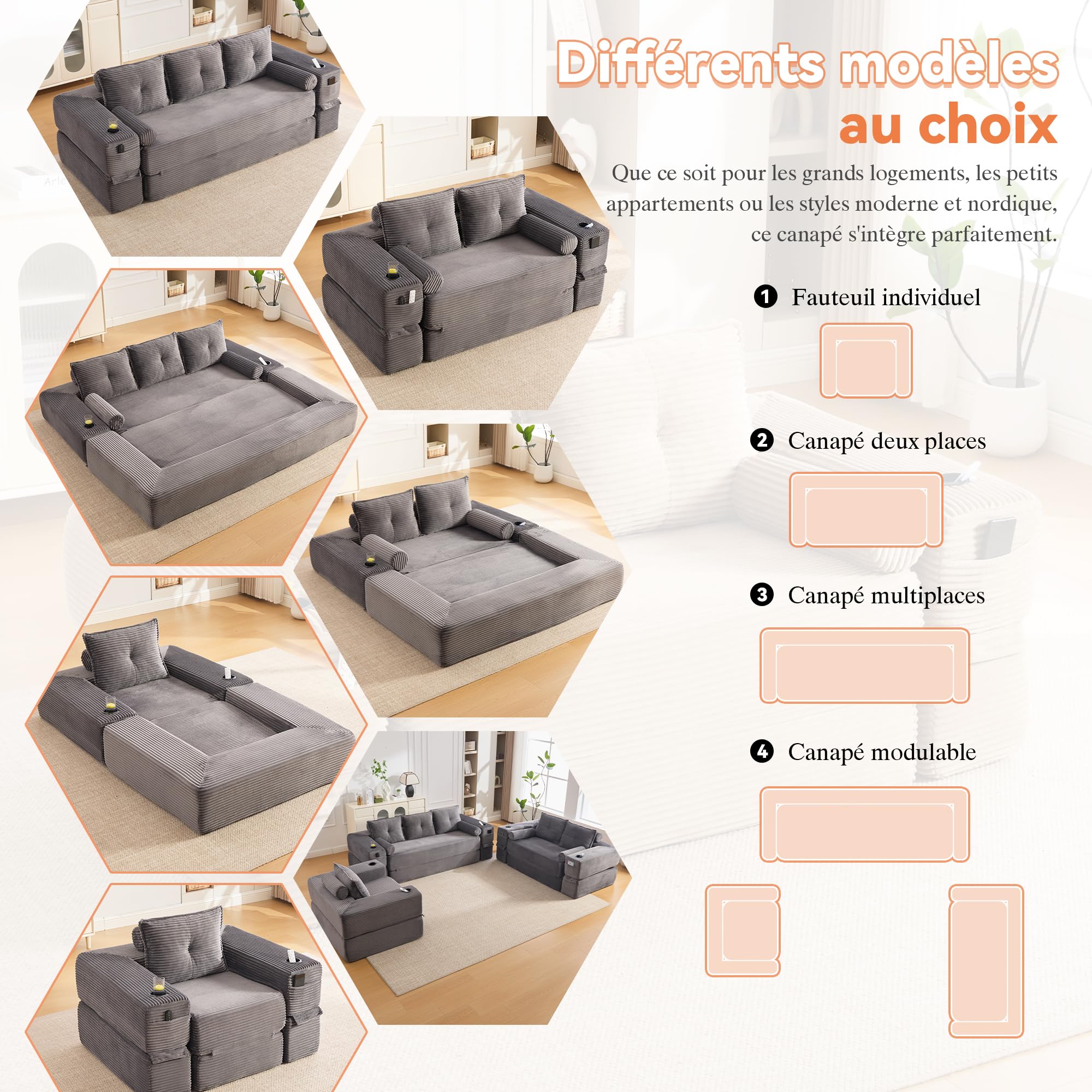 Zepneiy Canapé Compressé avec Oreiller à mémoire de Forme et 2 oreillers décoratifs, Canapé 3 Places avec Poches et Porte-gobelet, Canapé Pliant en Corde avec Mousse Haute densité, Gris Foncé