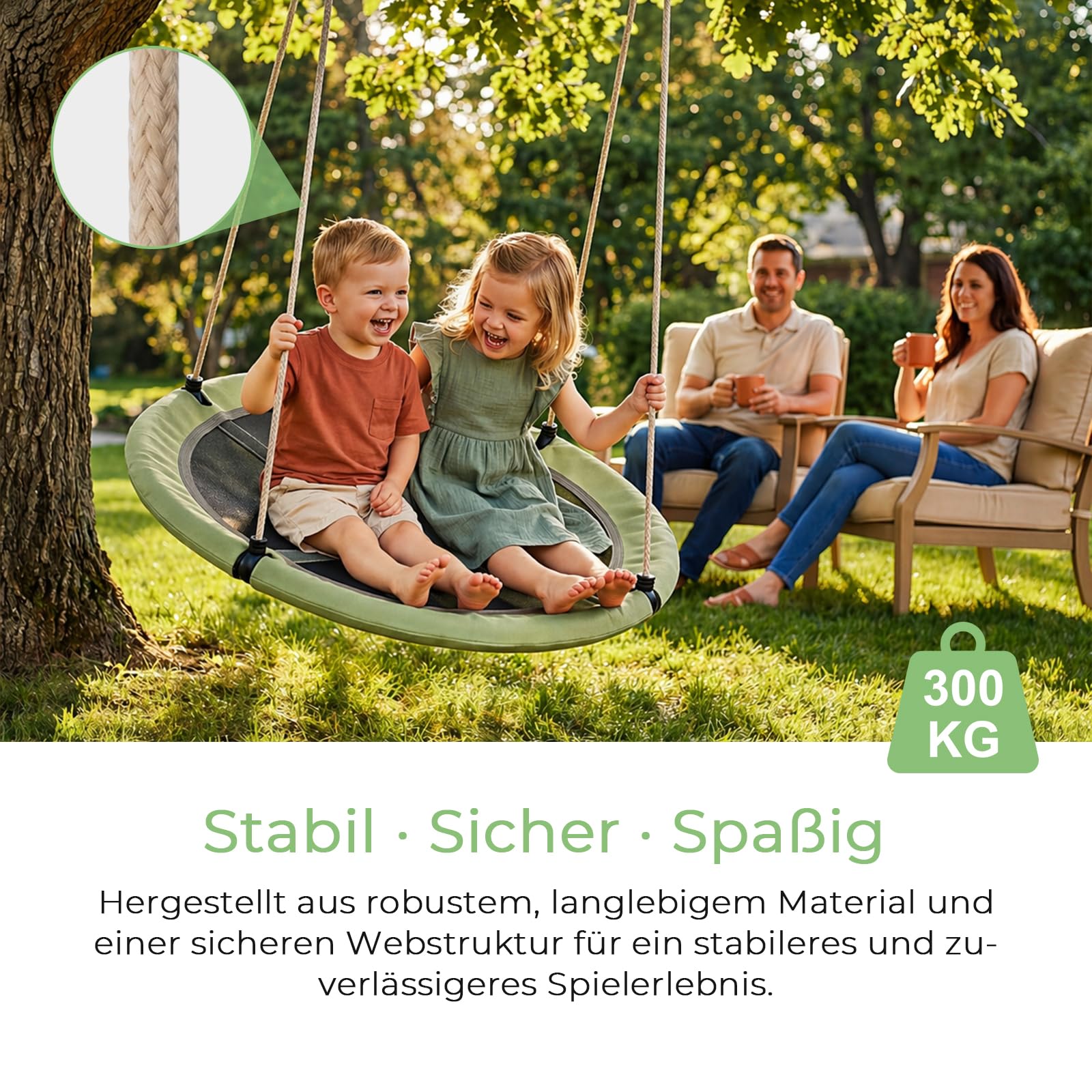 Nestschaukel 120 cm Rundschaukel Outdoor Indoor Belastbarkeit 300 kg Korbschaukel Gartenschaukel Höhenverstellbar Graugrün