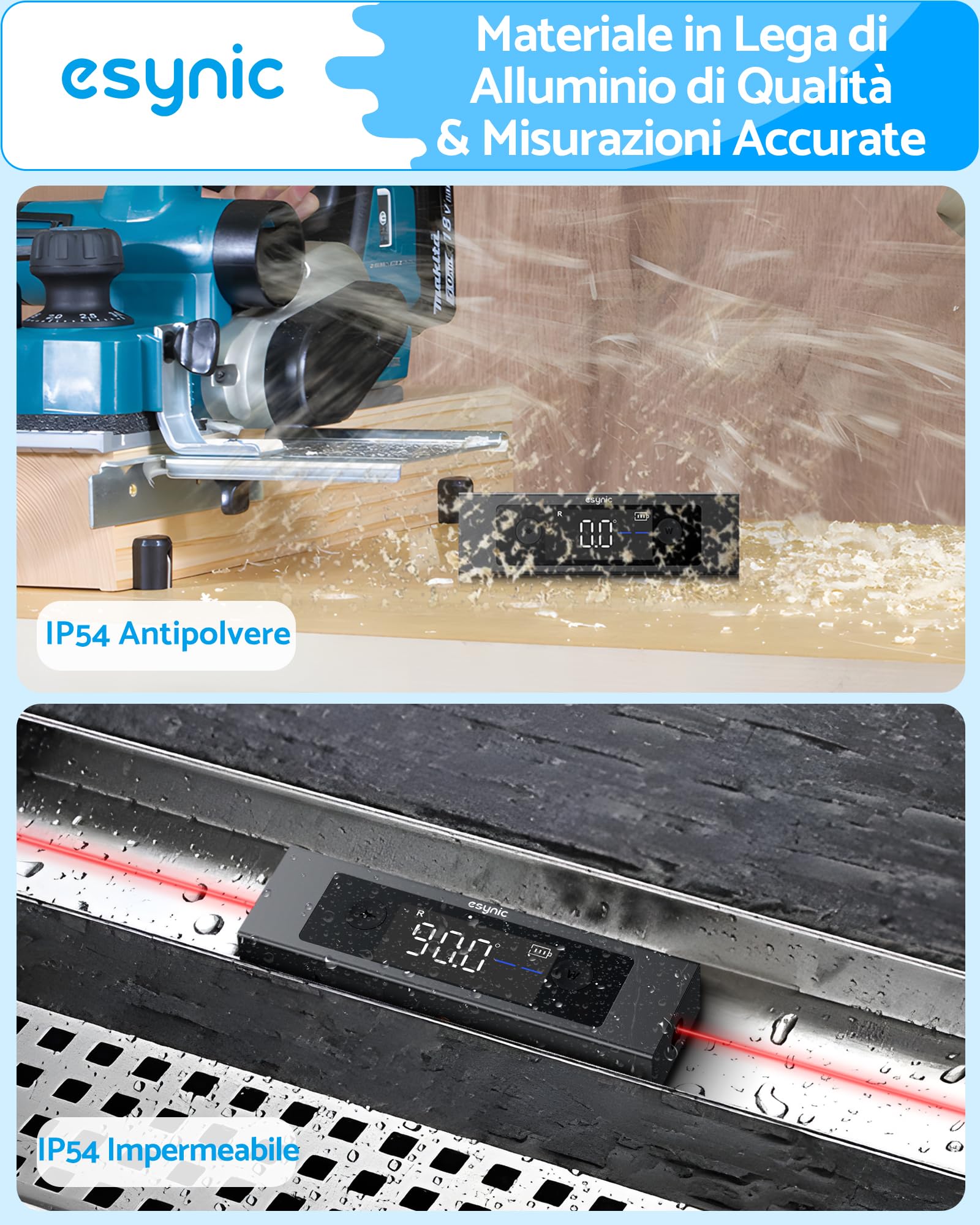 eSynic 4x90°Level Box Digitale con 2 Linee Laser, Doppio LCD Inclinometro Dual Asse X/Y, Base Magnetica, Goniometro Ricaricabile in Lega Alluminio Unità °/% / MM/M per Falegnameria Decorazione - Nero
