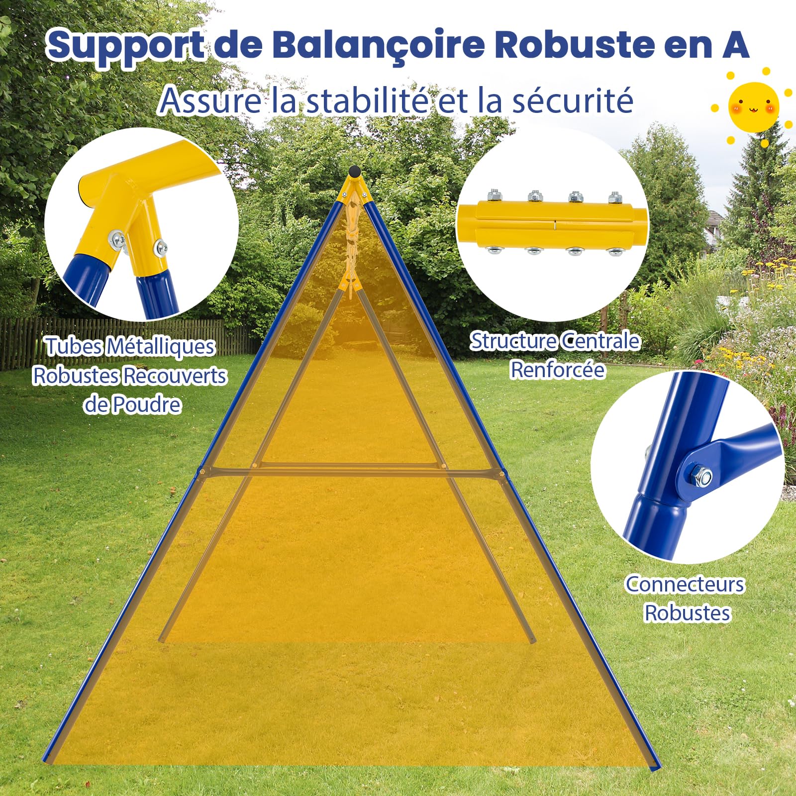 DREAMADE Portique de Balançoire Extérieur 1,8M, Structure Métallique en A pour Enfants 3+, 2 Place, Charge Max 300 KG(Jaune)