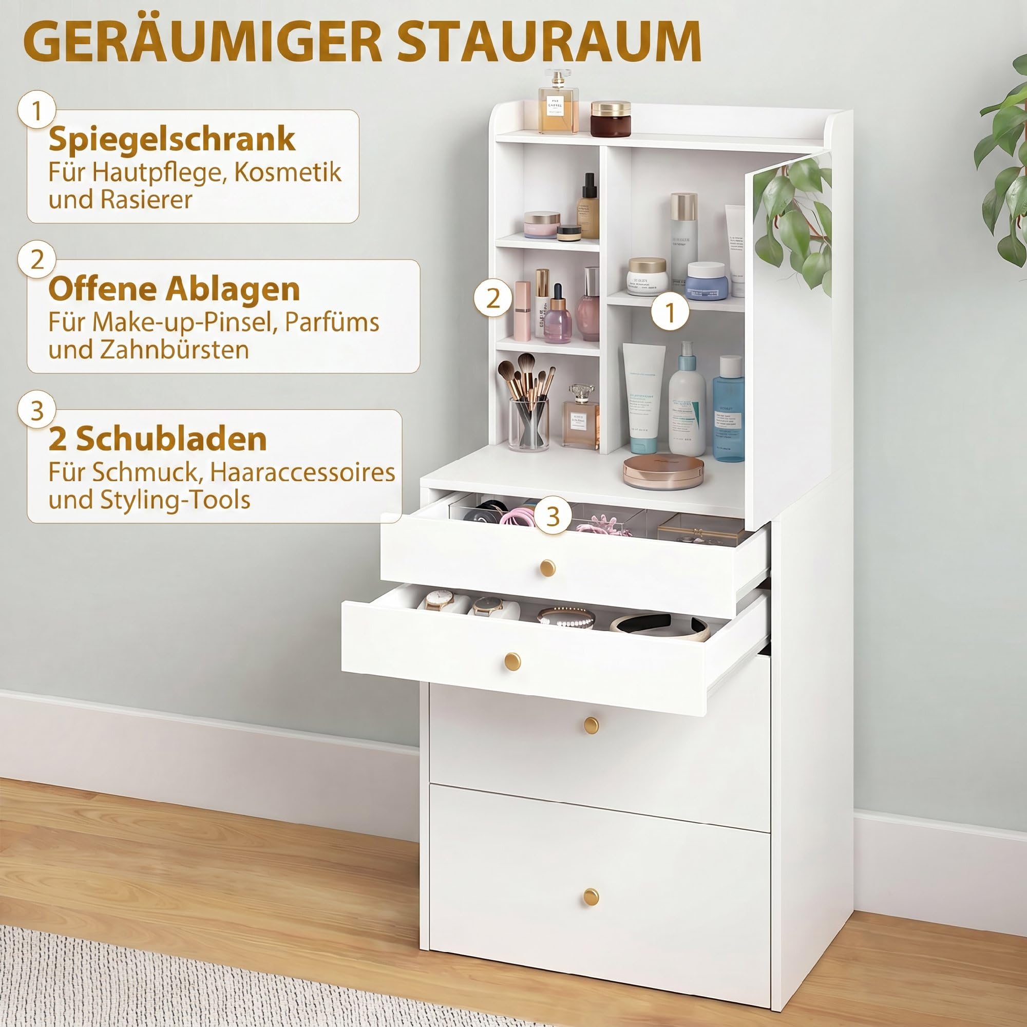 HOMCOM Schminktisch mit Spiegel und mobilem Hocker, Frisiertisch, Weiß