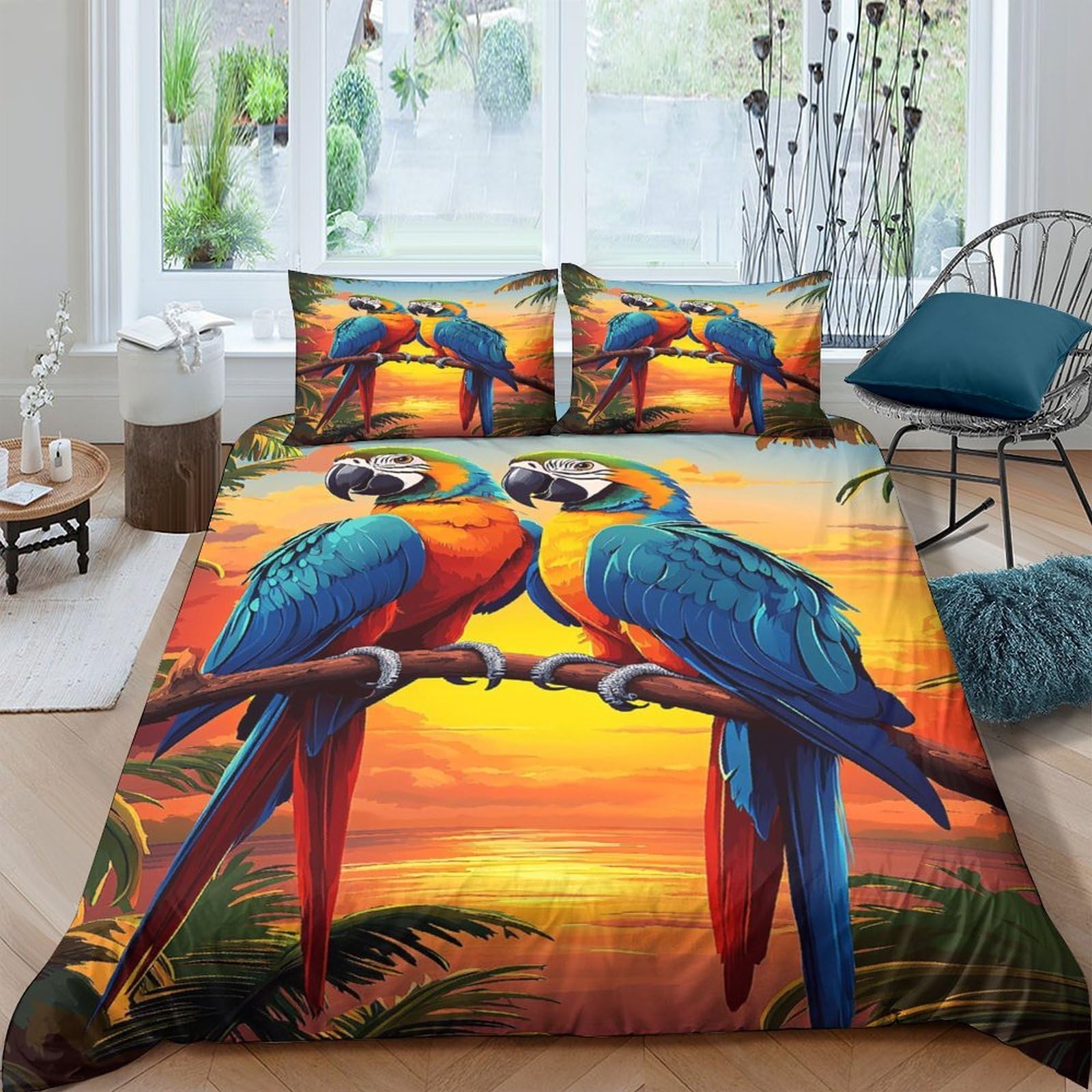 Ctjqhvkz Style-6 3D Printed Sunset Parrots Fitted Sheet Microfiber Soft Breathable Tropical Birds Bed Cover For Bedroom Decor Single（135X200cm）