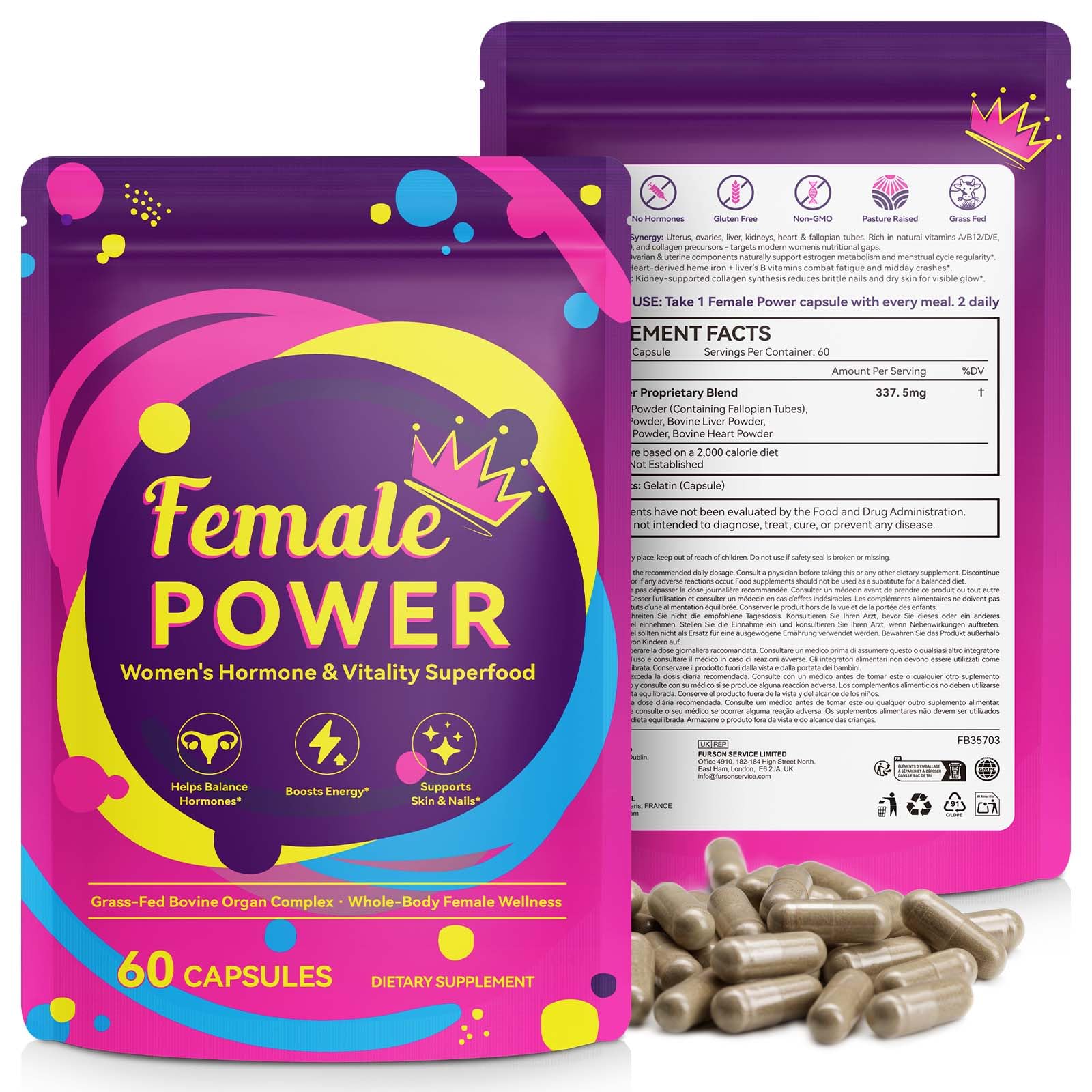 Beef Organ Supplement for Women with Beef Liver, Kidney, Heart and Uterus Tissue, Supports Women's Overall Wellness, Hormone Balance, Energy, Skin Health, 100% Grass Fed, Non-GMO, 60 Capsules