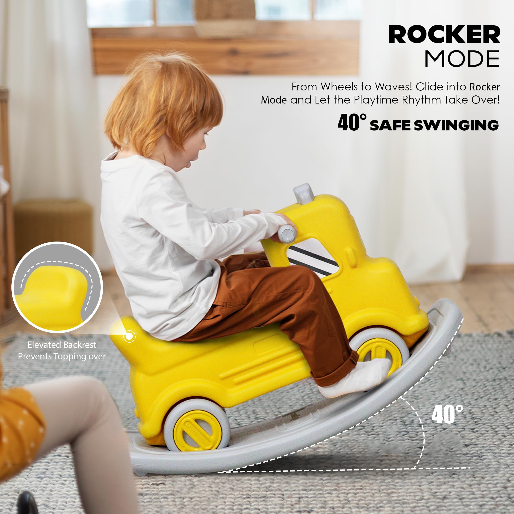 Happy Bear 3-in-1 Rock and Roll Ride-On | Push Car for 1 – 5 Years | Rocking Horse for Toddlers | Balance Board | Safe, Sturdy & Fun Indoor Toy - Yellow - Image 5 thumbnail