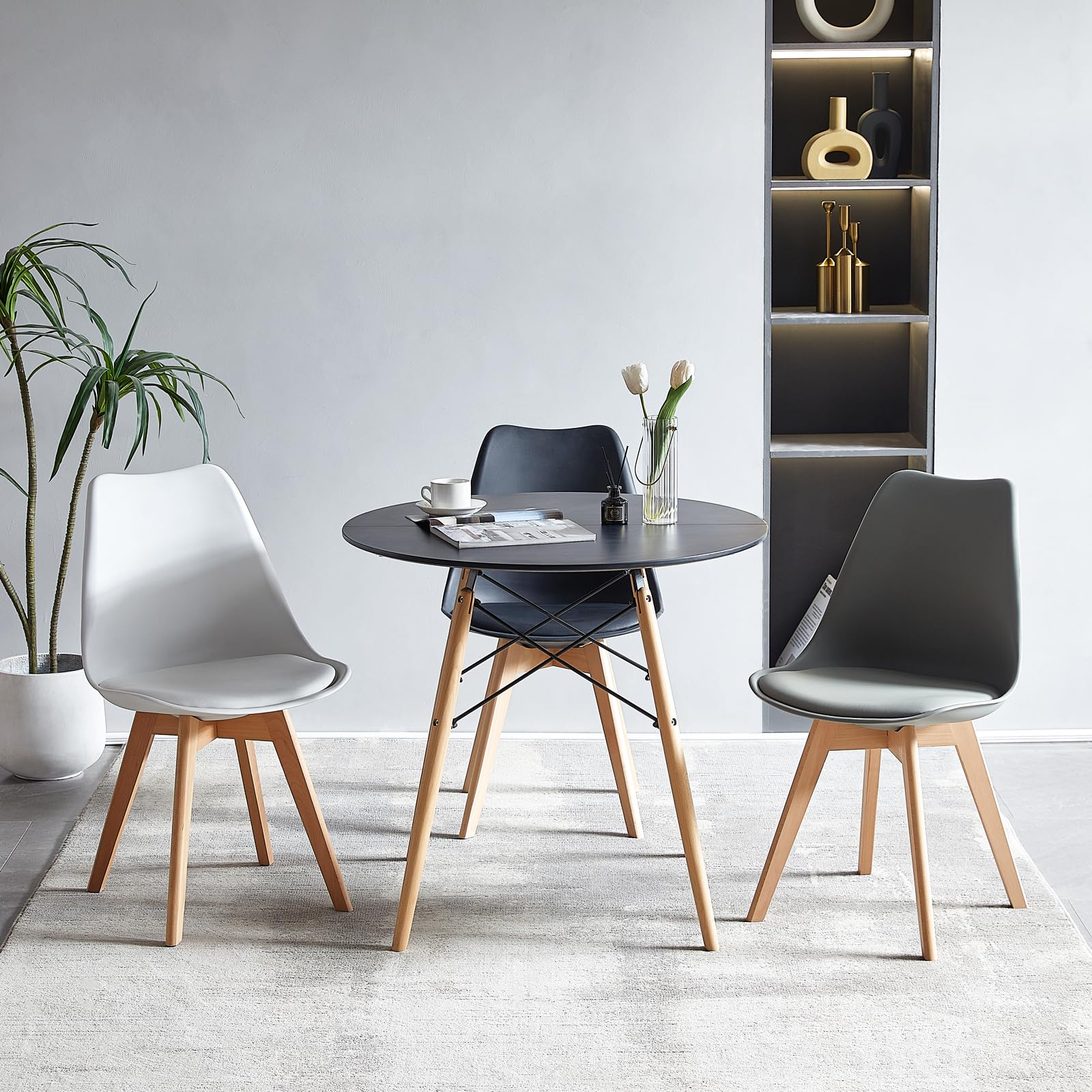 H.J WeDoo Estilo Escandinavo Mesa de Comedor Redonda,Mesa Tower Moderna y Patas de Madera de Haya, 80 * 75 cm, Negro